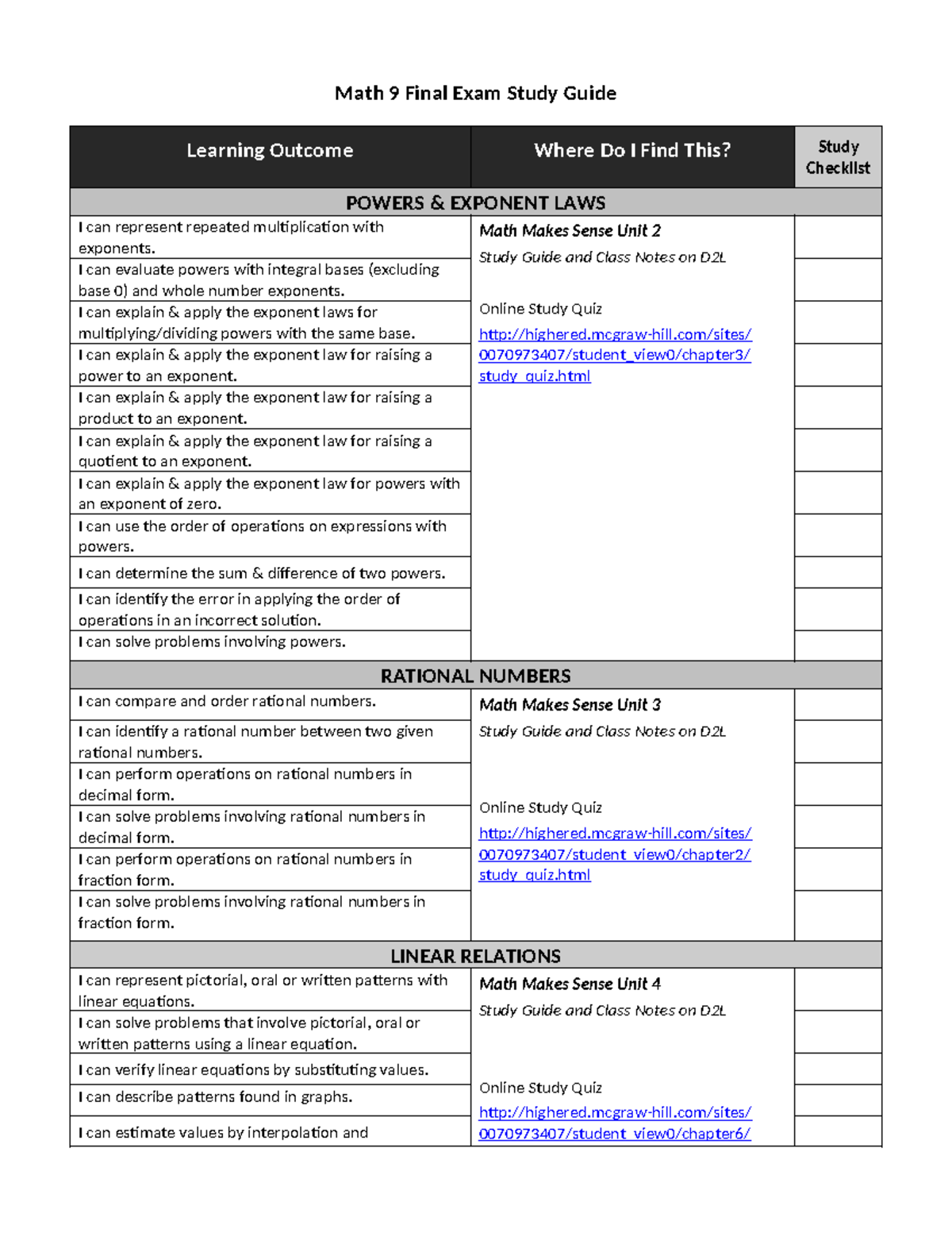 Math 9 final exam review - Math 9 Final Exam Study Guide Learning ...