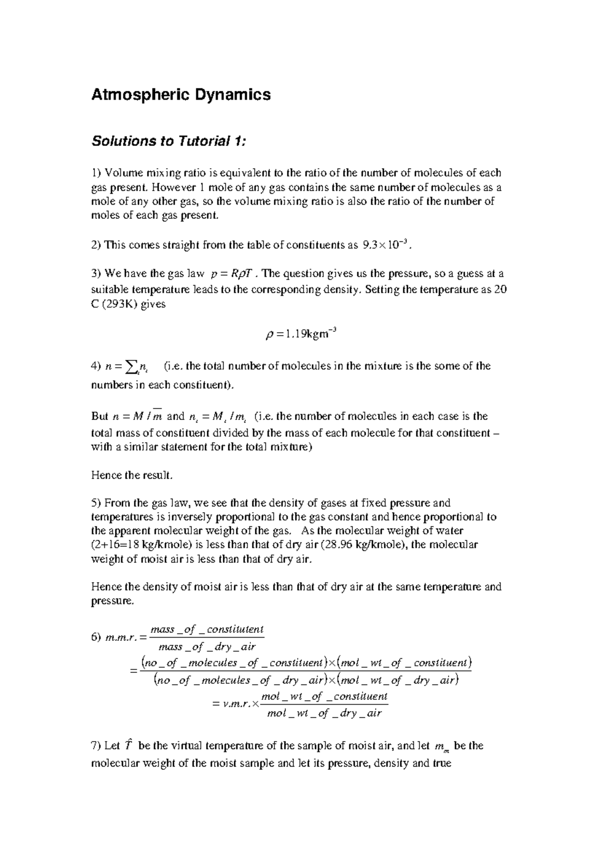 Tutorial 01 Solutions - Chapter 01 - Atmospheric Dynamics Solutions To ...