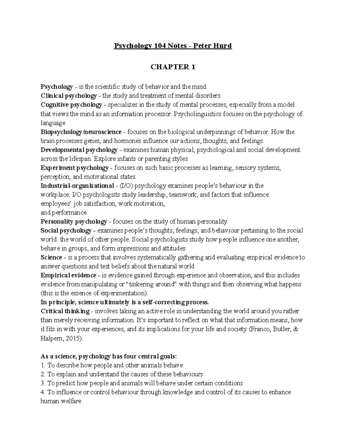 Psychology 104 Notes - Psychology 104 Notes - Peter Hurd CHAPTER 1 ...