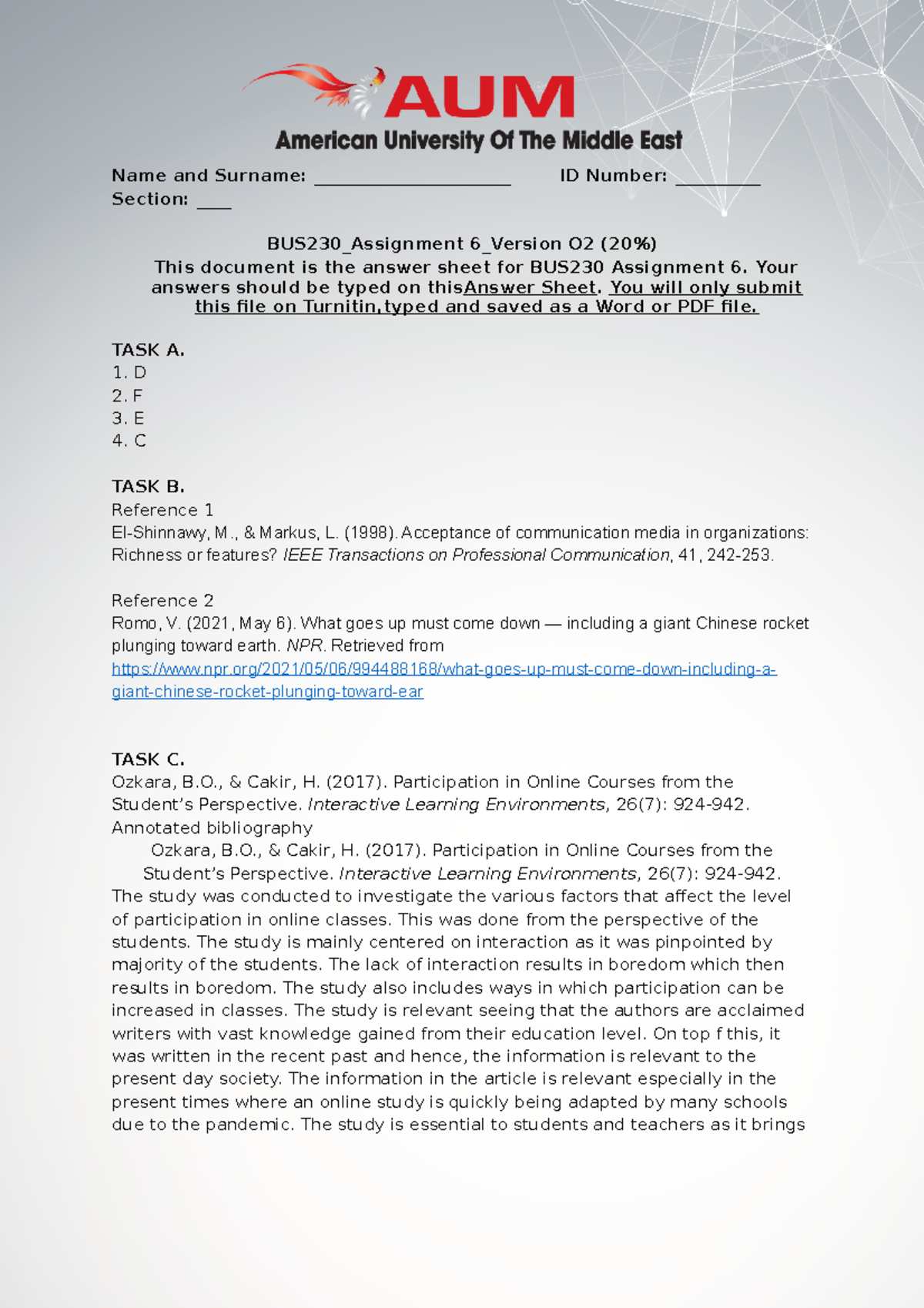 BUS230 Assignment 6 Answer Sheet O2 - Name and Surname ...