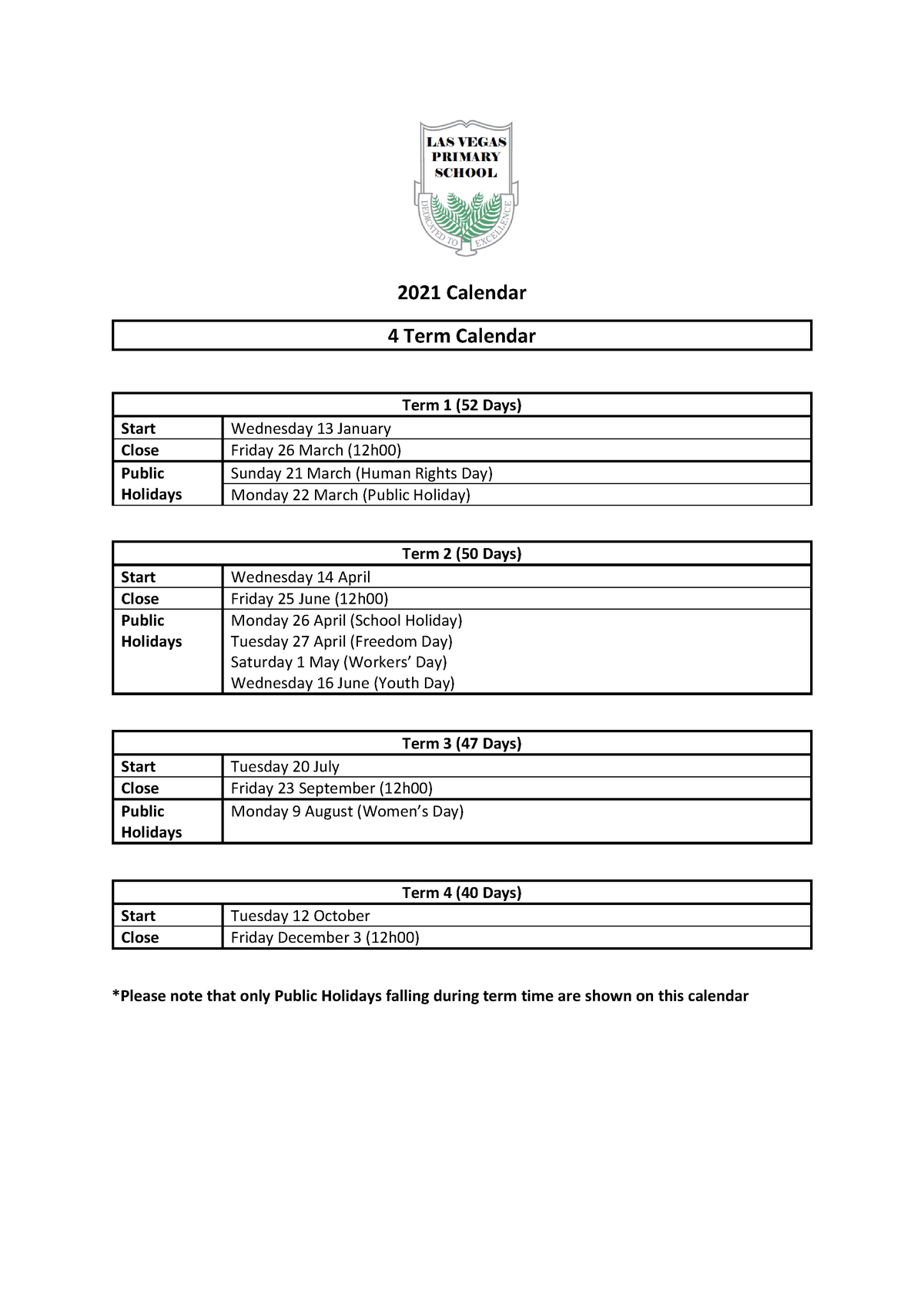 2021 Calendar - Note - 2021 Calendar 4 Term Calendar Term 1 ( 52 Days ...