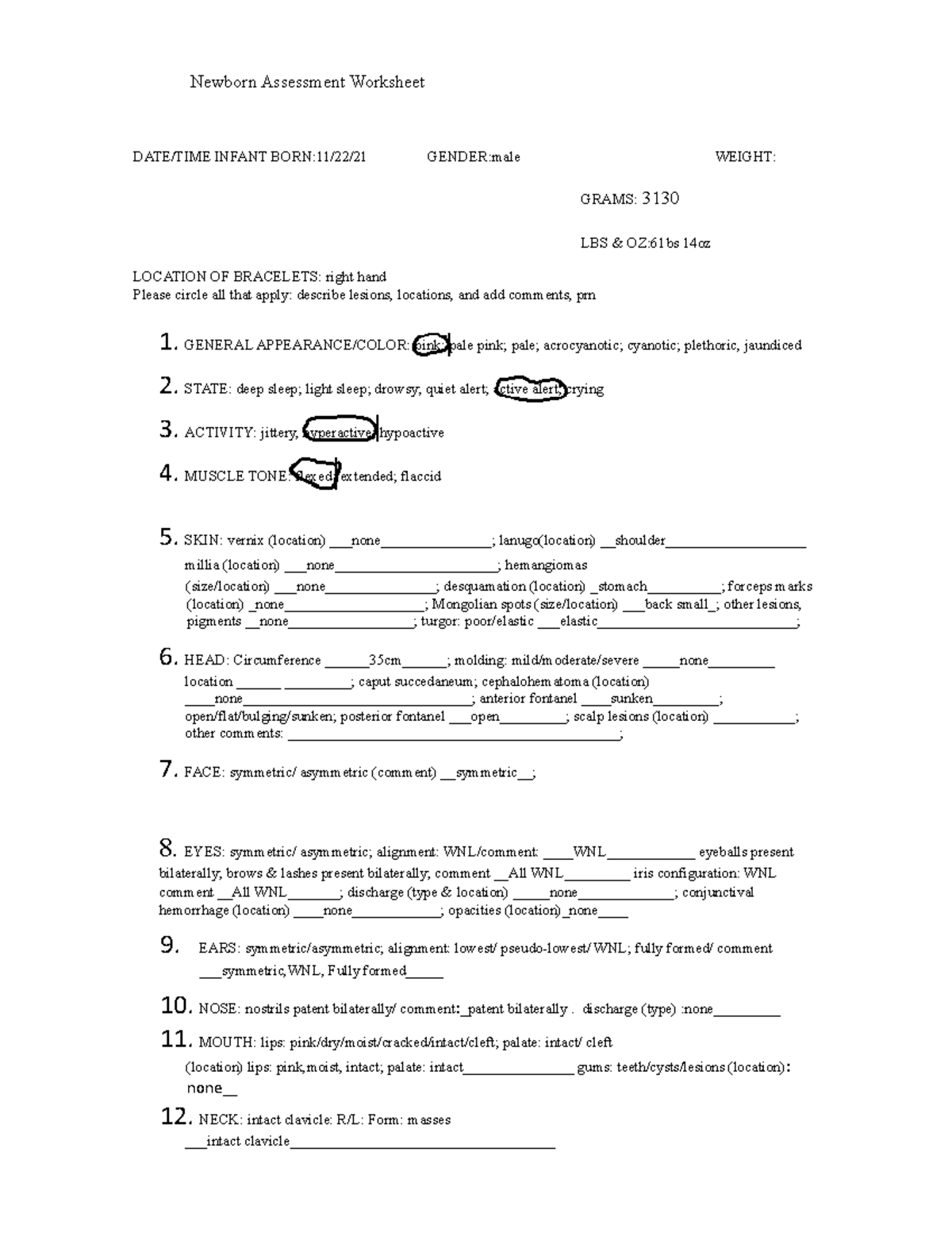 Newborn worksheet - Newborn Assessment Worksheet DATE/TIME INFANT BORN ...