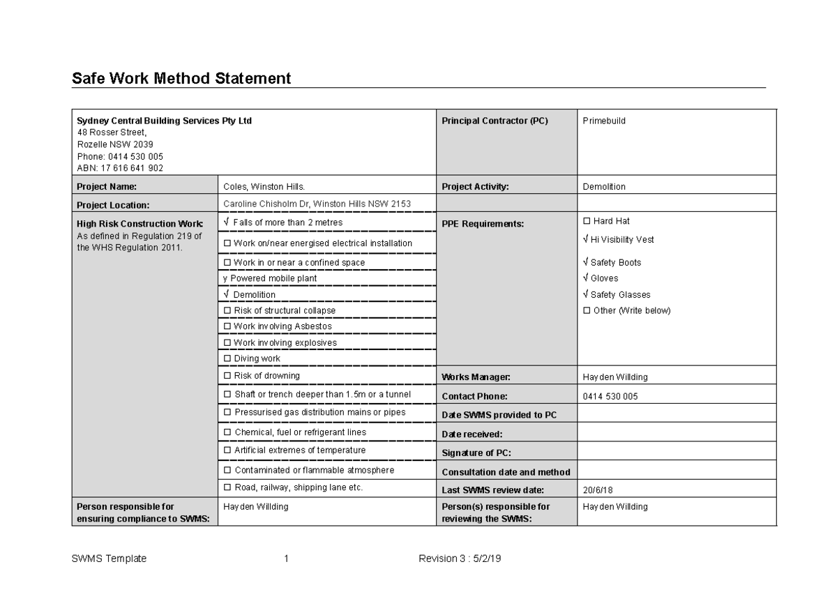36296 - Safe Work Method Statement Sydney Central Building Services Pty ...