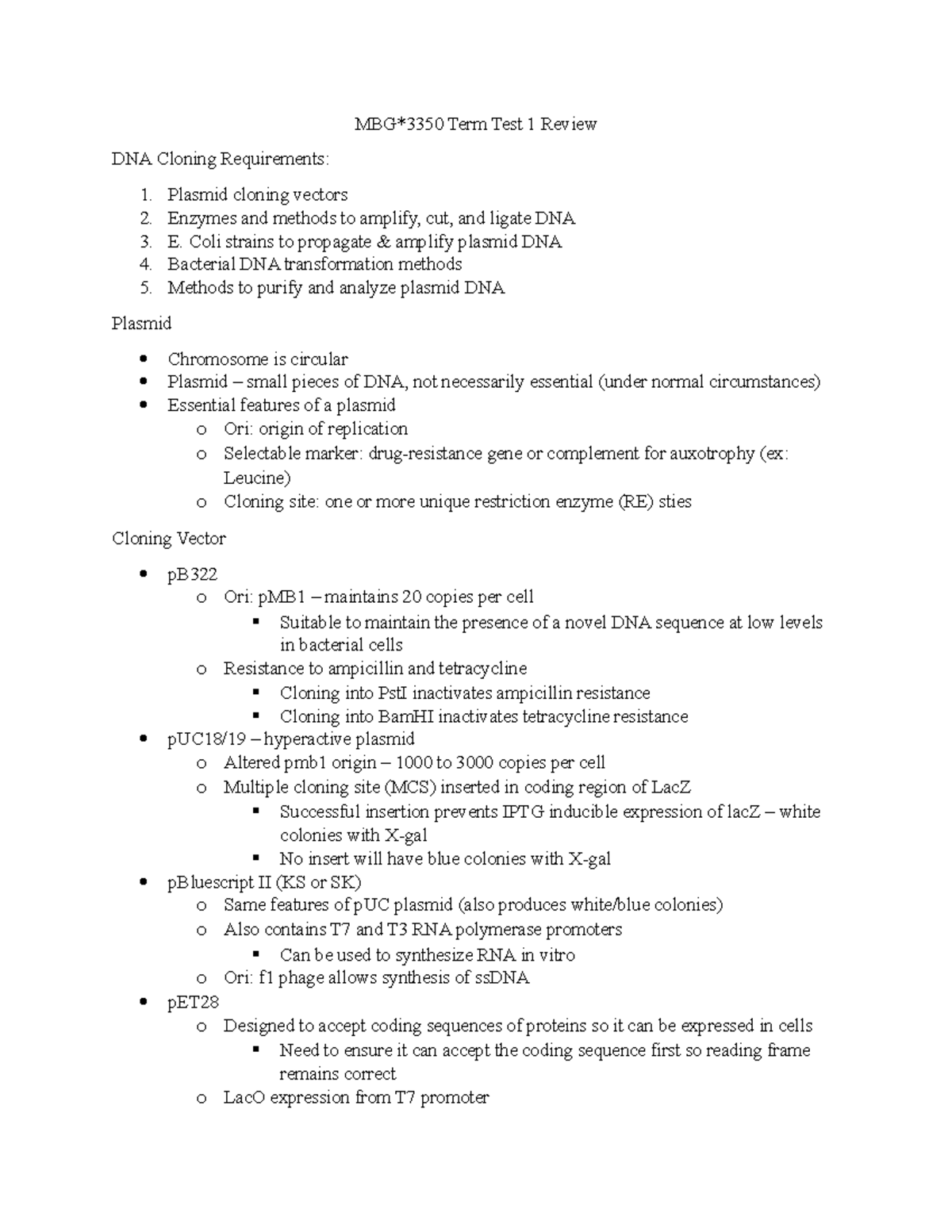 MBG3350 Term Test 1 Review - MBG*3350 Term Test 1 Review DNA Cloning ...