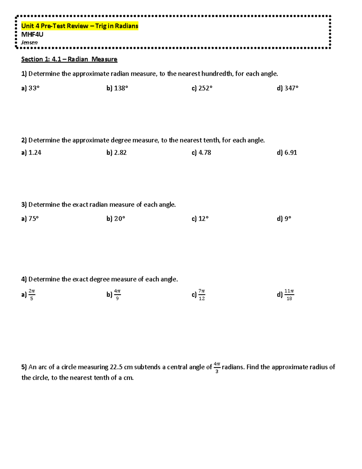 Unit 4 Test Klasa 4 Unit+4+Review++Trig+in+Radians - Unit 4 Pre-Test Review – Trig in