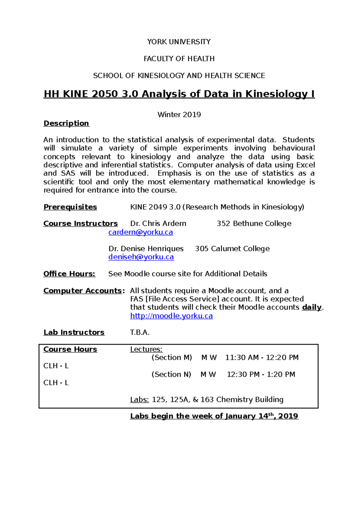 (1)KINE 2050 Winter 2019 Course Outline - YORK UNIVERSITY FACULTY OF ...