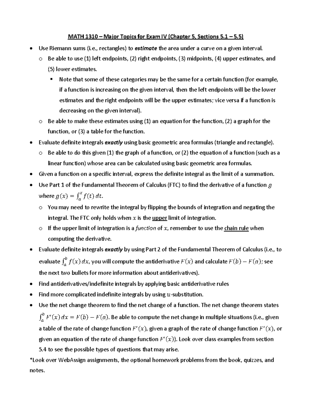 Exam 4 Study Guide - Notes - MATH 1310 – Major Topics for Exam IV ...