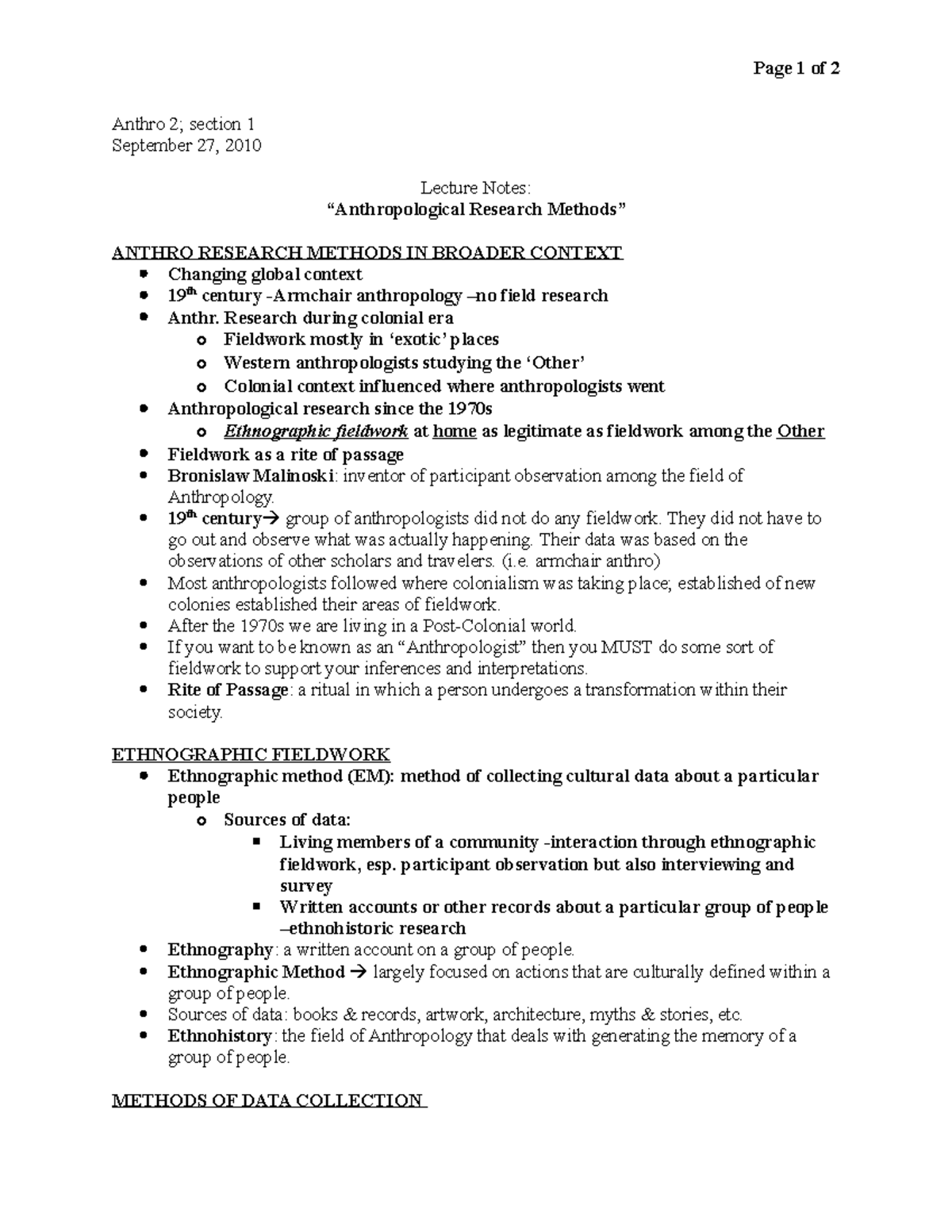 Cultural Anthro Lecture Notes (Mon 9-27-10) - Page 1 of 2 Anthro 2 ...