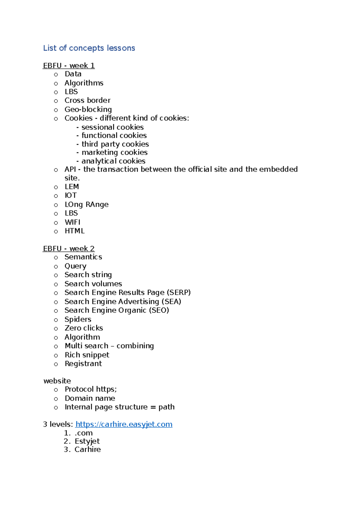 List of concepts - lessons - List of concepts lessons EBFU - week 1 o ...