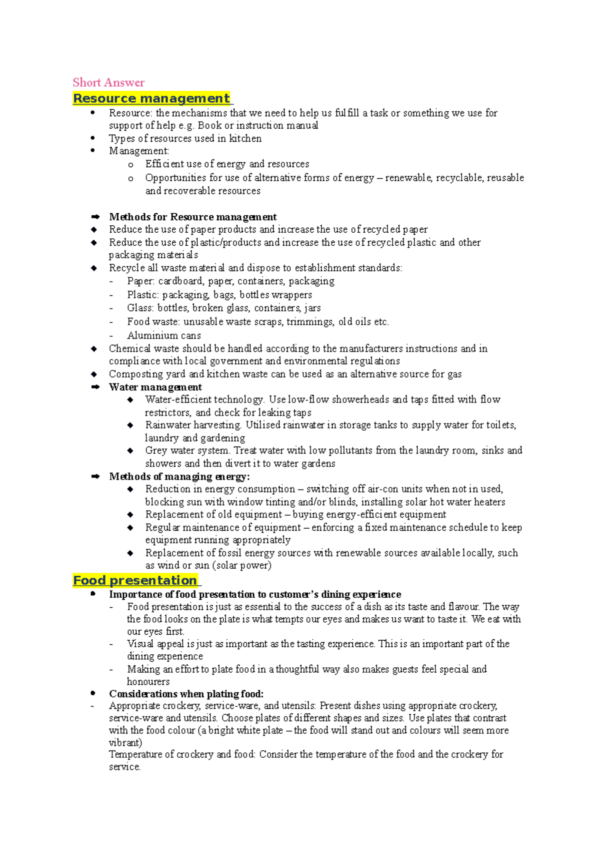 Half-yearly revision - hospitality notes - Short Answer Resource ...