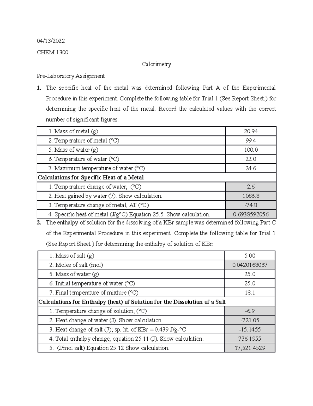 Calorimetry Lab Report - 04/13/ CHEM 1300 Calorimetry Pre-Laboratory ...