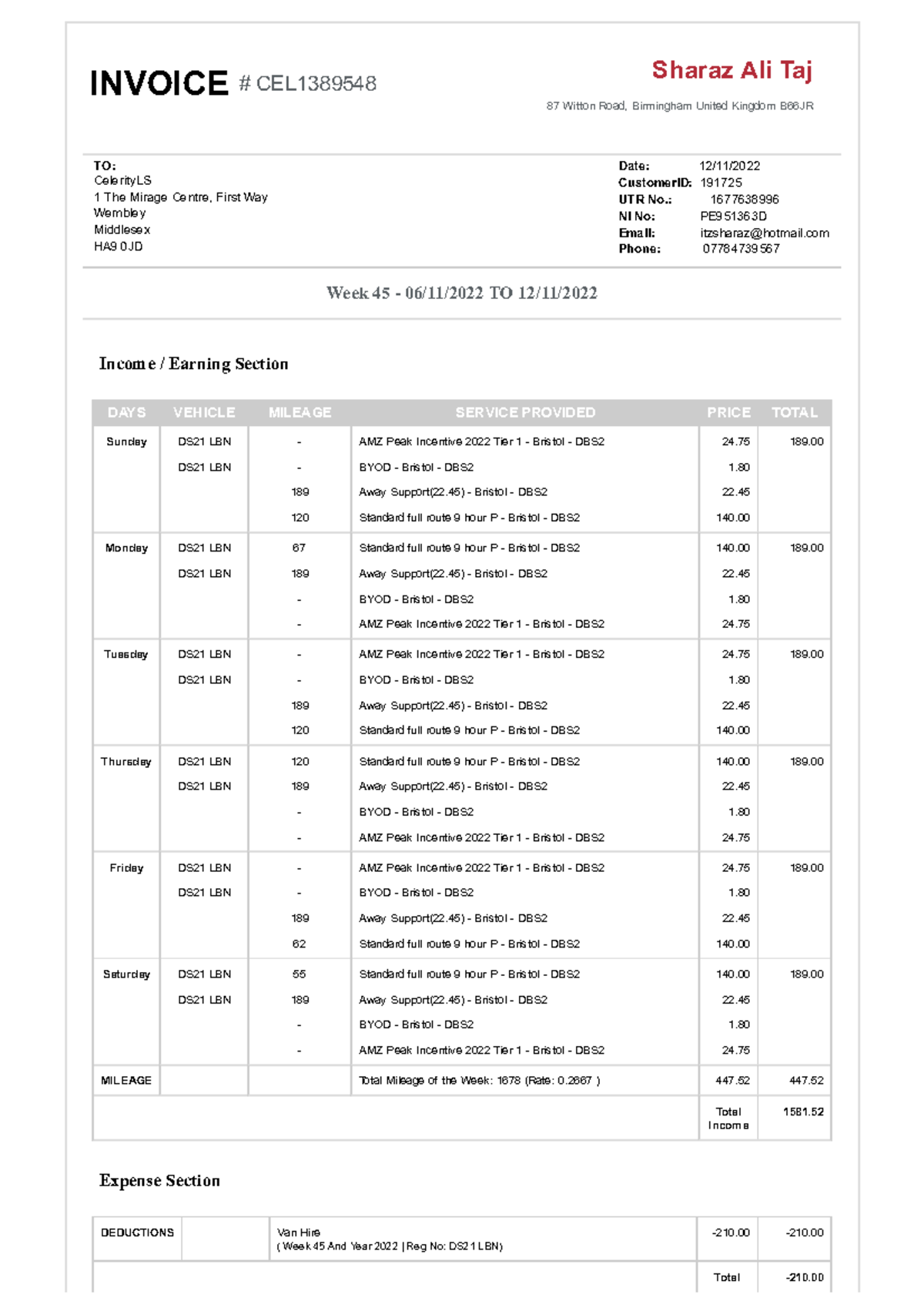 Sharaz ali week 45 - Please find attached - INVOICE Sharaz Ali Taj 87 ...