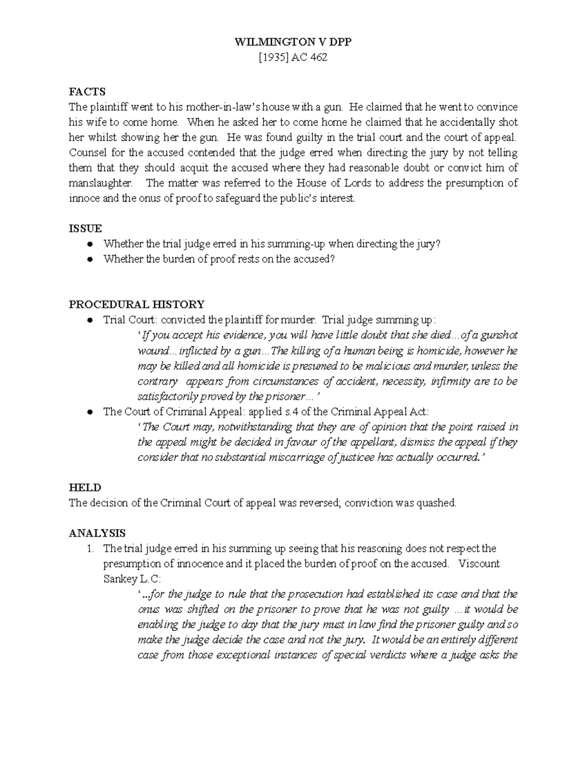 Wilmington v DPP CASE BRIEF WILMINGTON V DPP [1935] AC 462 FACTS