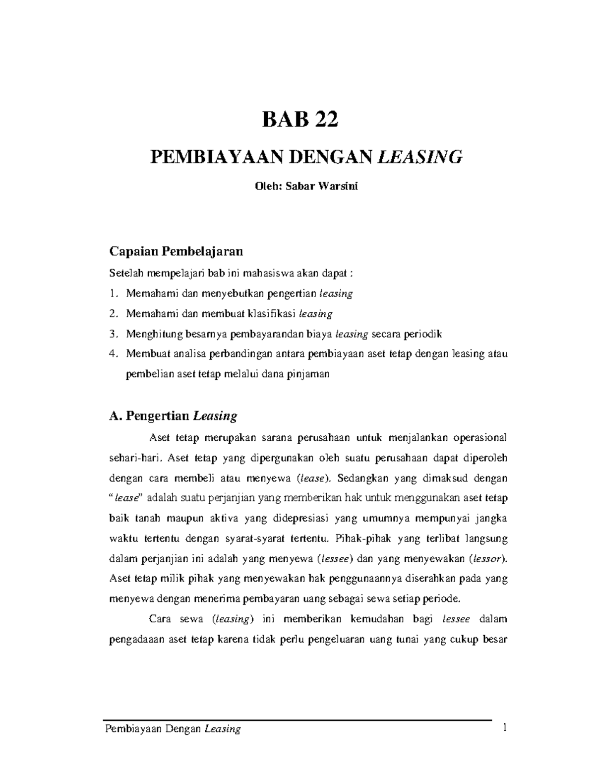 Pembiayaan Dengan Leasing - BAB 22 A PEMBIAYAAN DENGAN LEASING Oleh ...