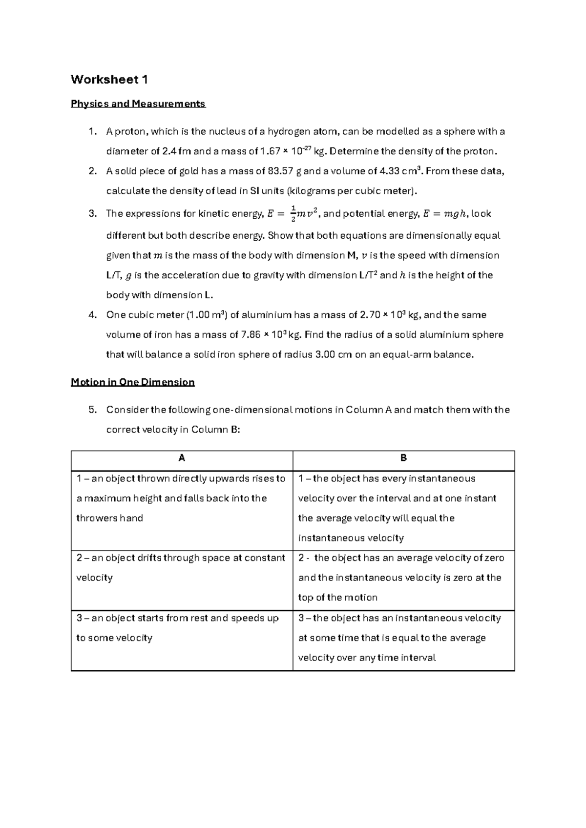 Worksheet 1 - Physics practice questions - Worksheet 1 Physics and ...