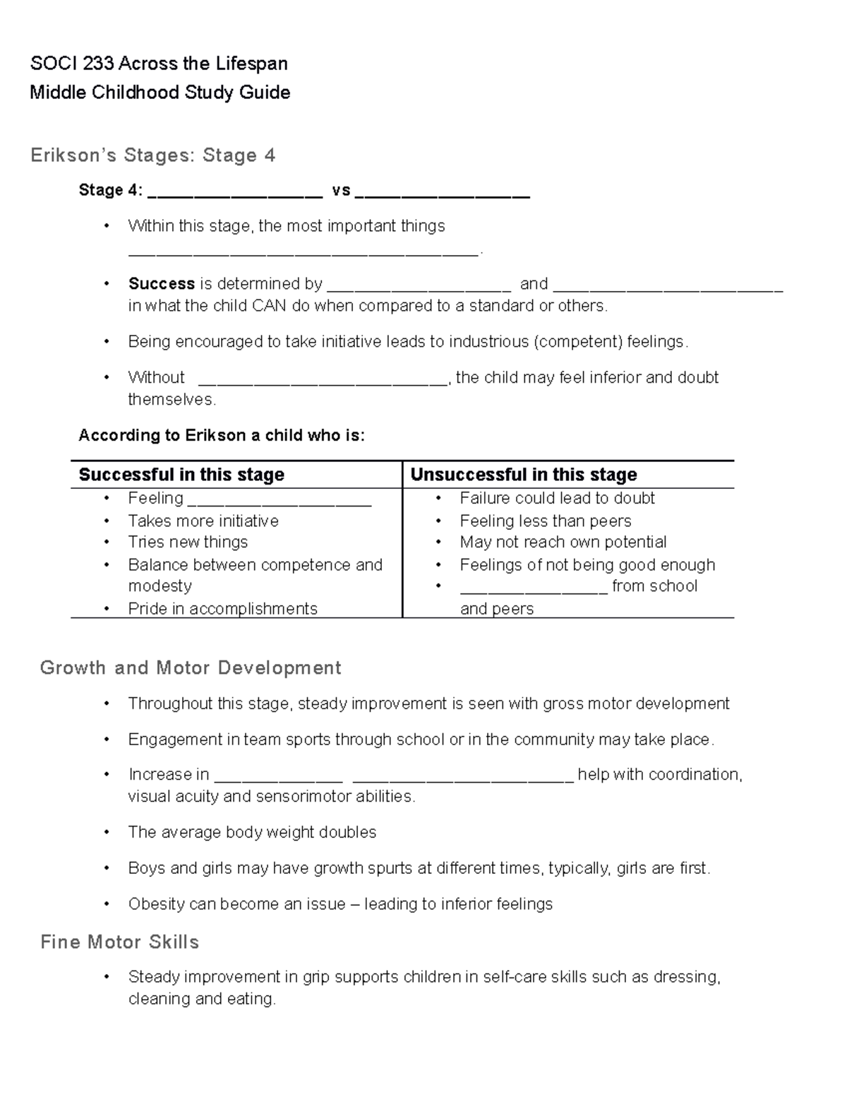 Middle Childhood Study Guide F20 - Middle Childhood Study Guide Erikson ...