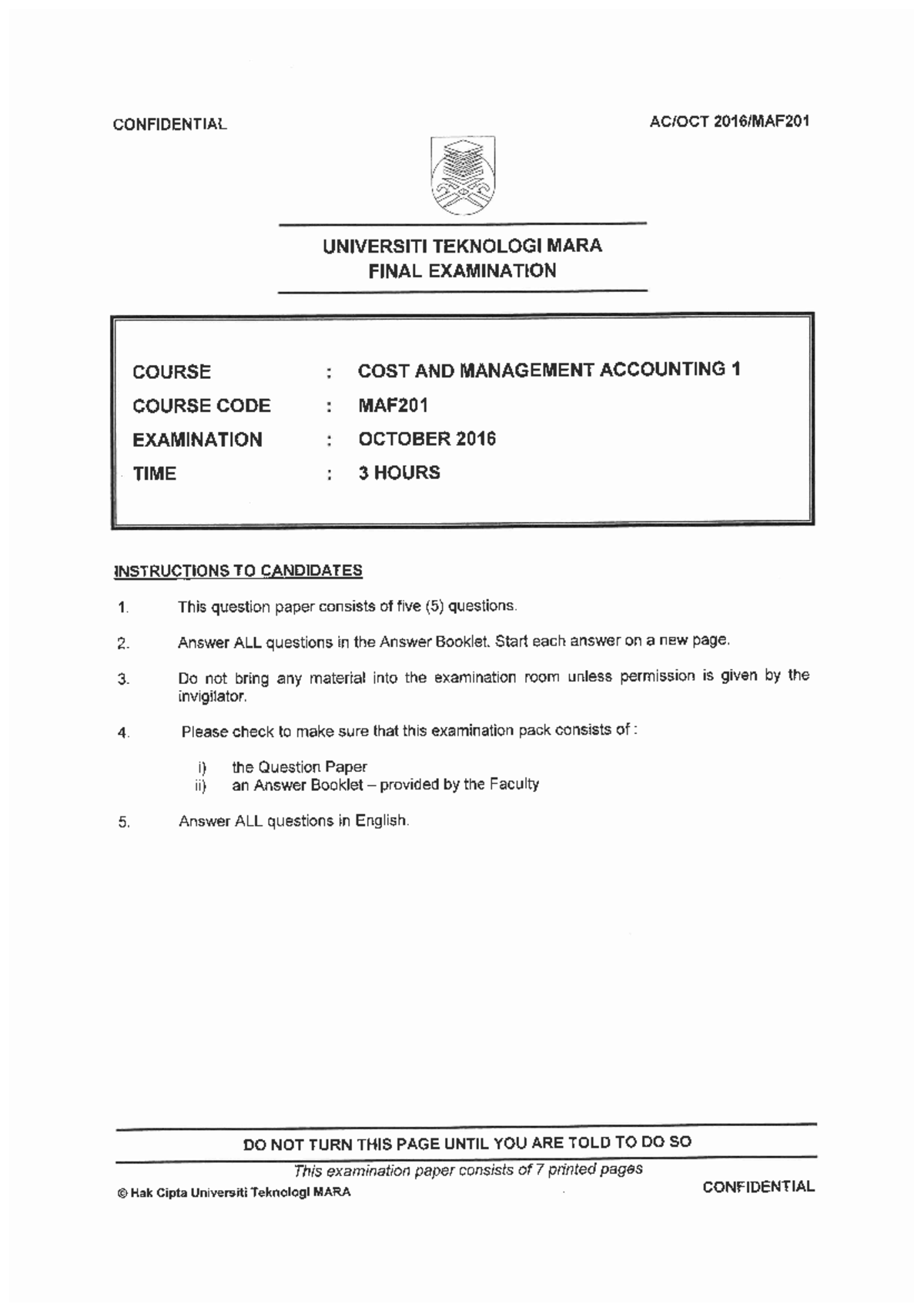 (PAST YEAR QUESTION) MAF201 oct16 - Accounting - Studocu