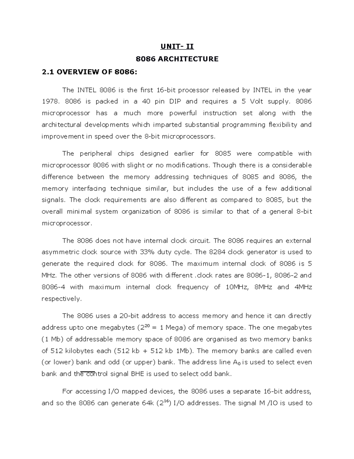 8086 material - UNIT- II 8086 ARCHITECTURE 2 OVERVIEW OF 8086: The ...