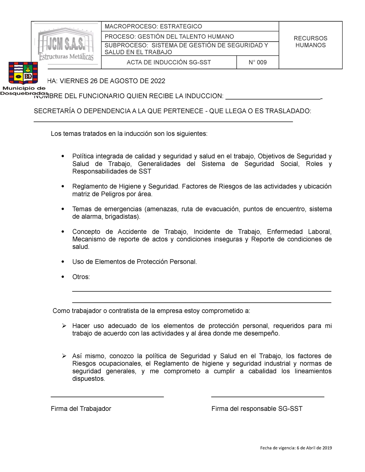 Acta De Inducción Sg Sst V Macroproceso Estrategico Recursos Humanos