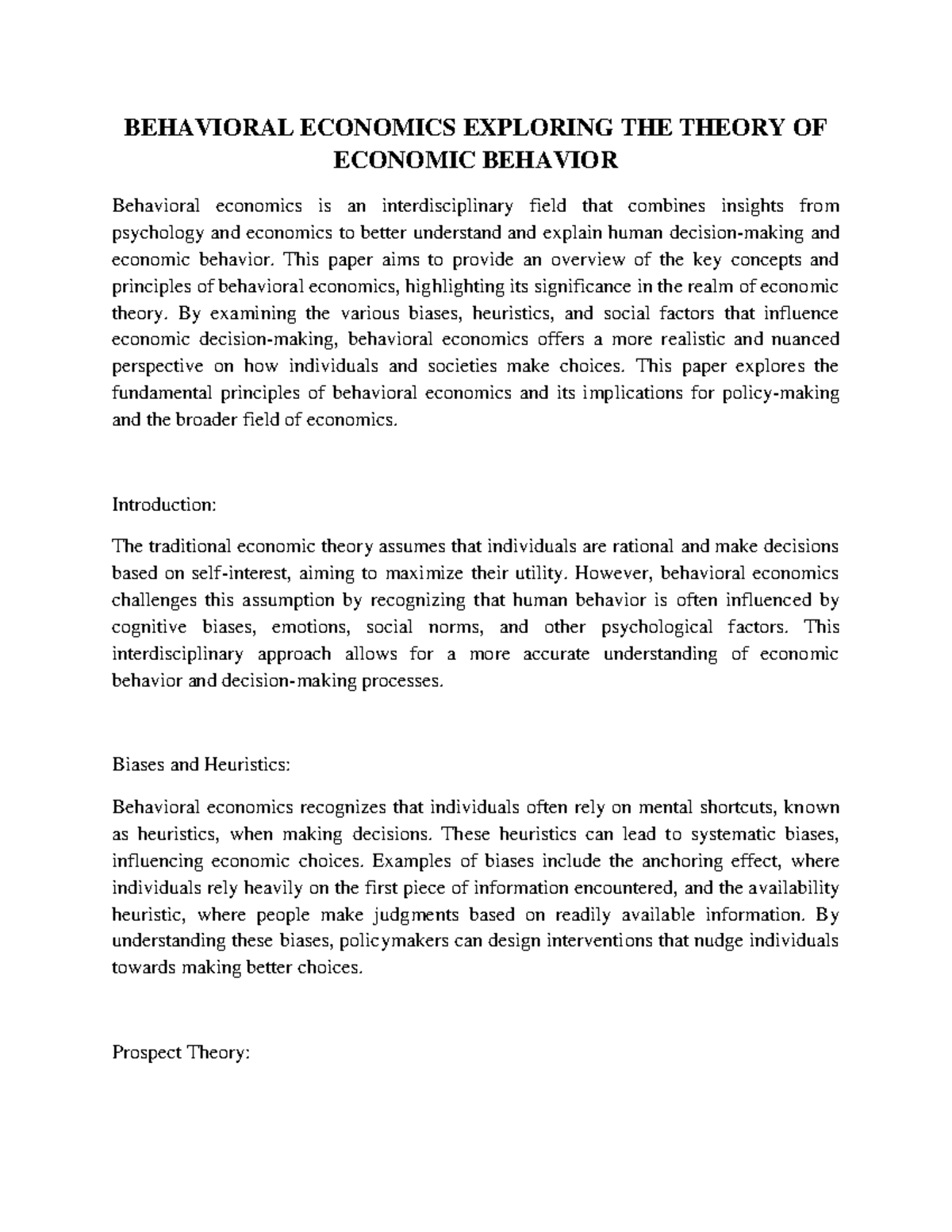 Behavioral Economics Exploring THE Theory OF Economic Behavior ...