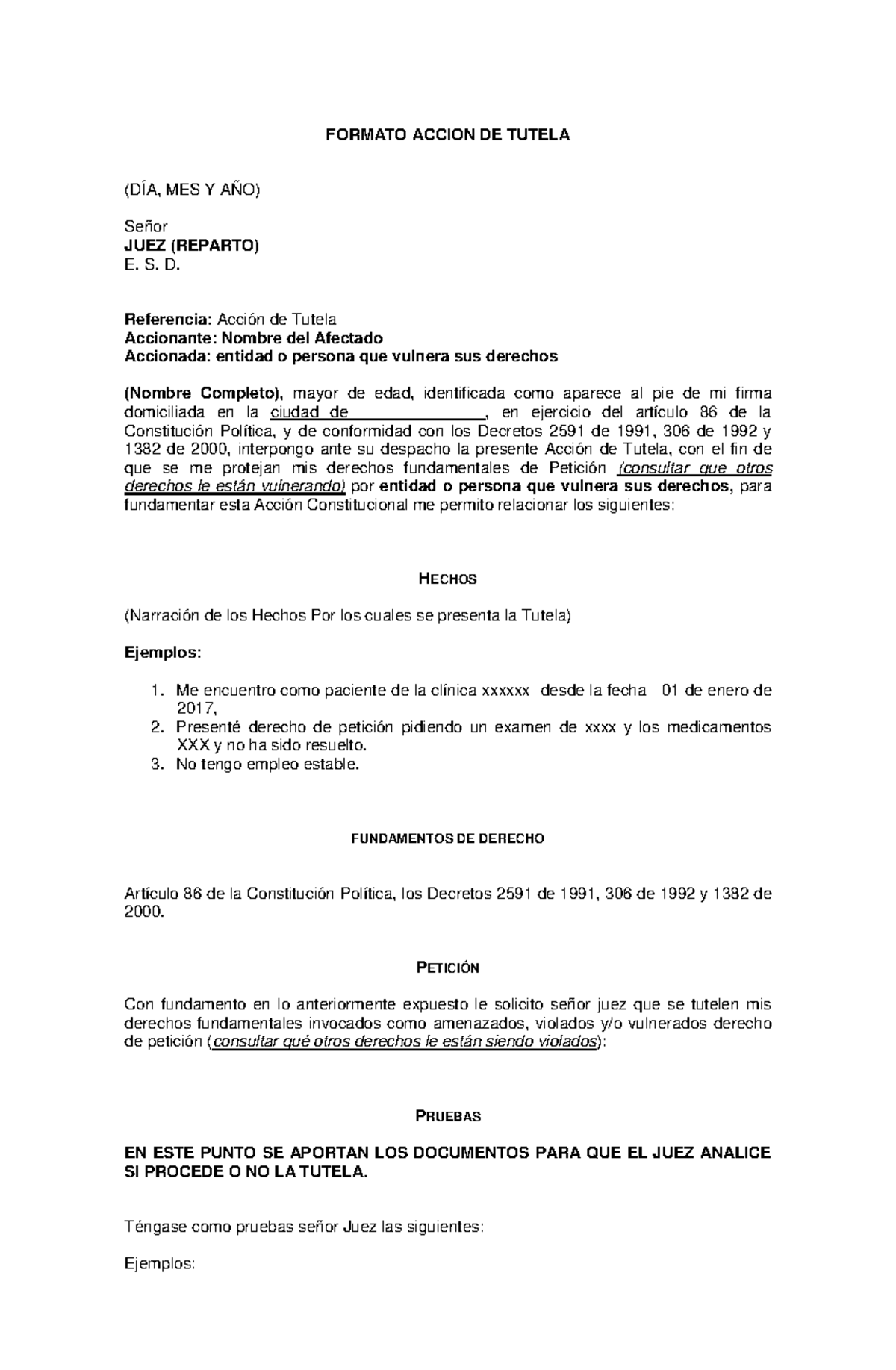 Formato Accion DE Tutela Pagina WEB - FORMATO ACCION DE TUTELA (DÍA ...