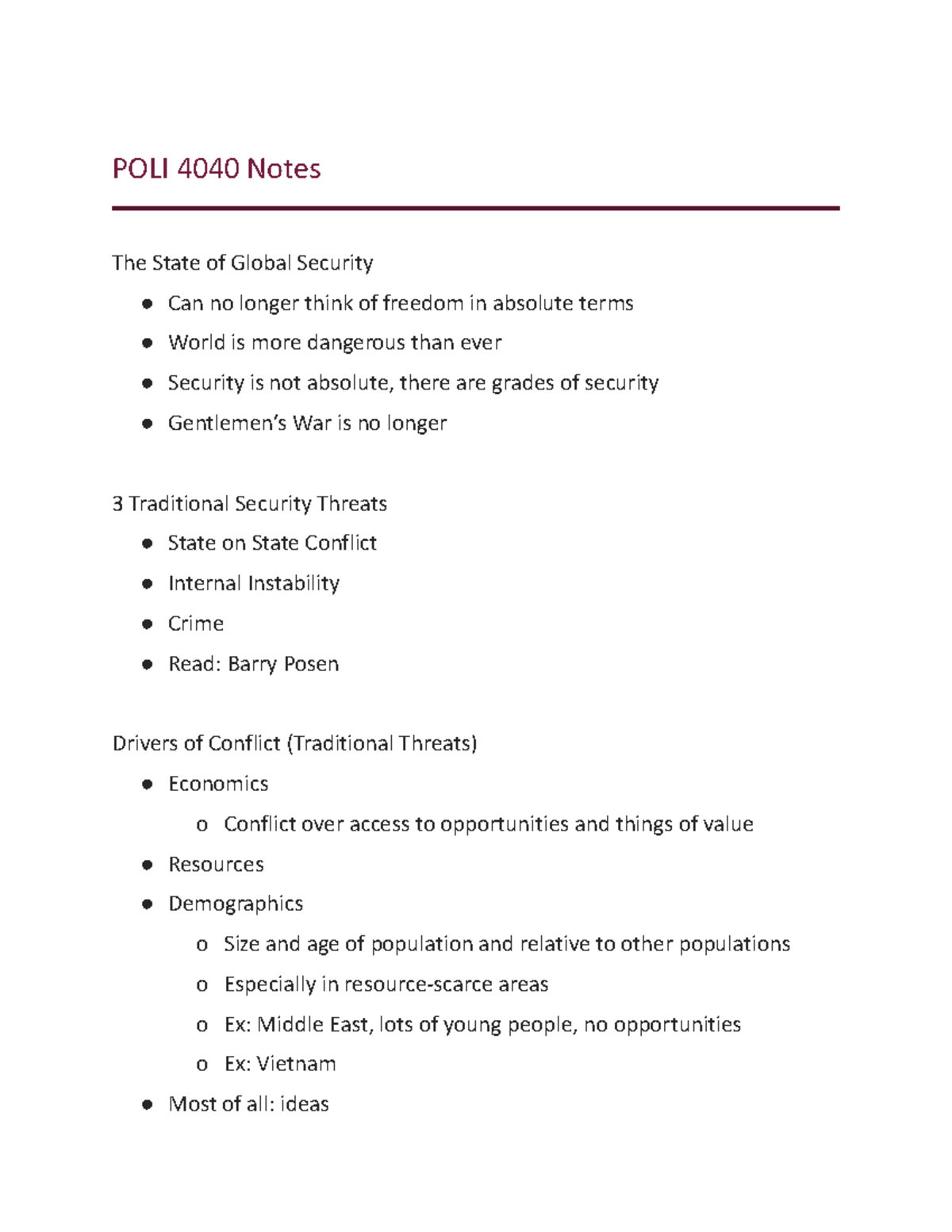 POLI 4040 Notes, Lecture 1 - POLI 4040 Notes The State of Global ...