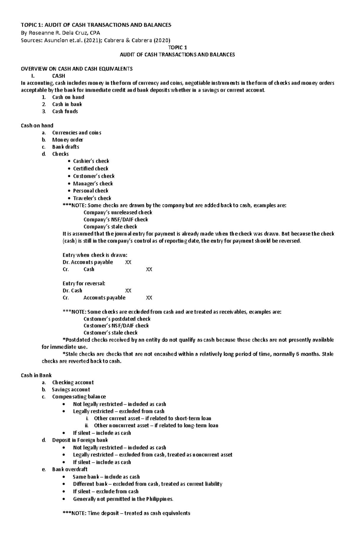 Topic 1 - Audit OF CASH Transactions AND Balances - By Roseanne R. Dela ...