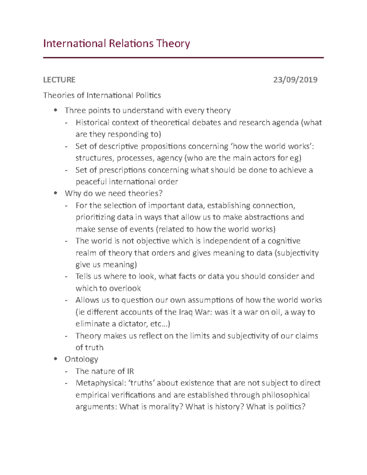 IR Theory Notes SEM A - International Relations Theory LECTURE 23/09 ...