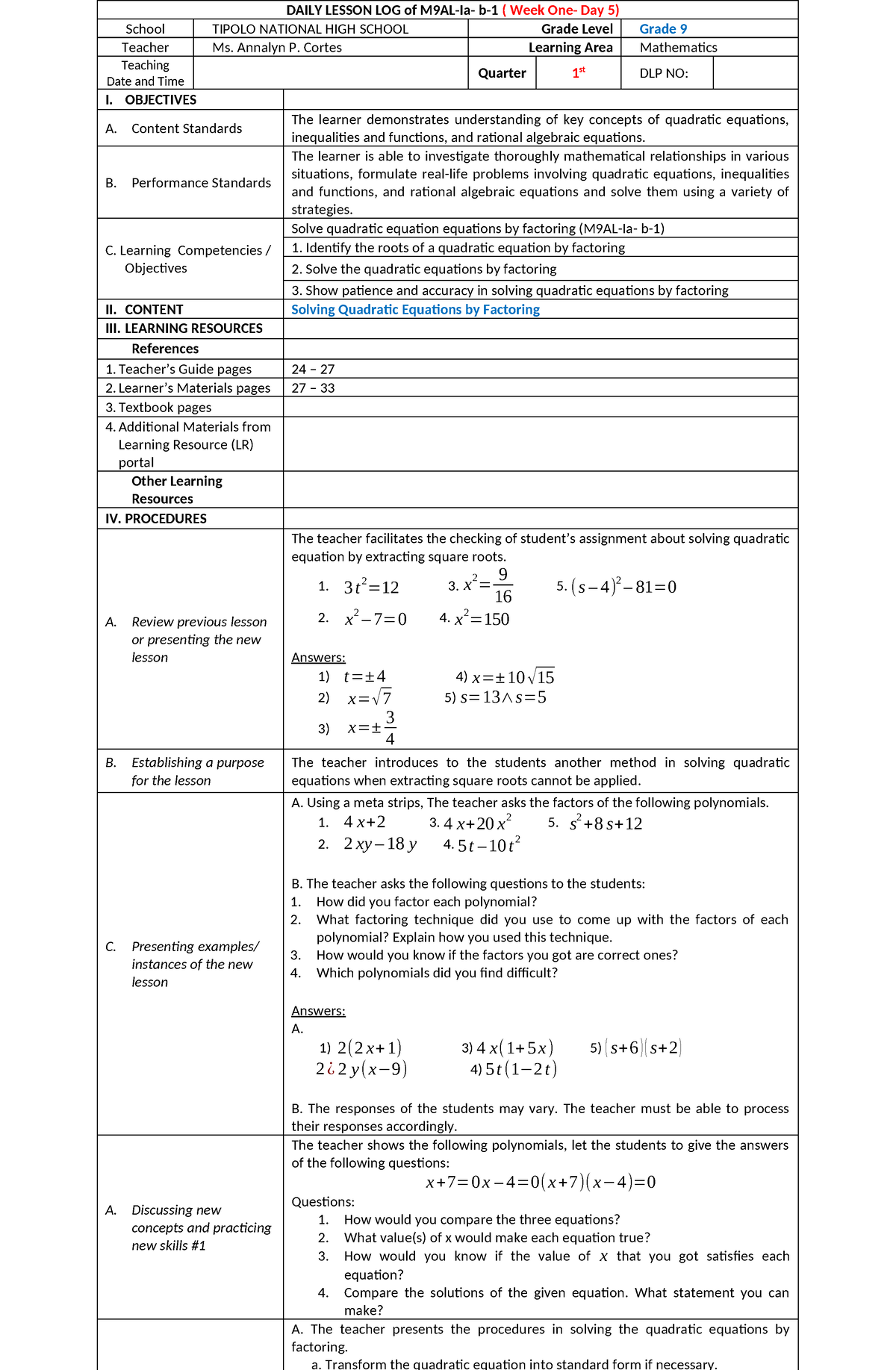 I-Day 3 - Daily Lesson Plan - DAILY LESSON LOG of M9AL-Ia- b-1 ( Week ...