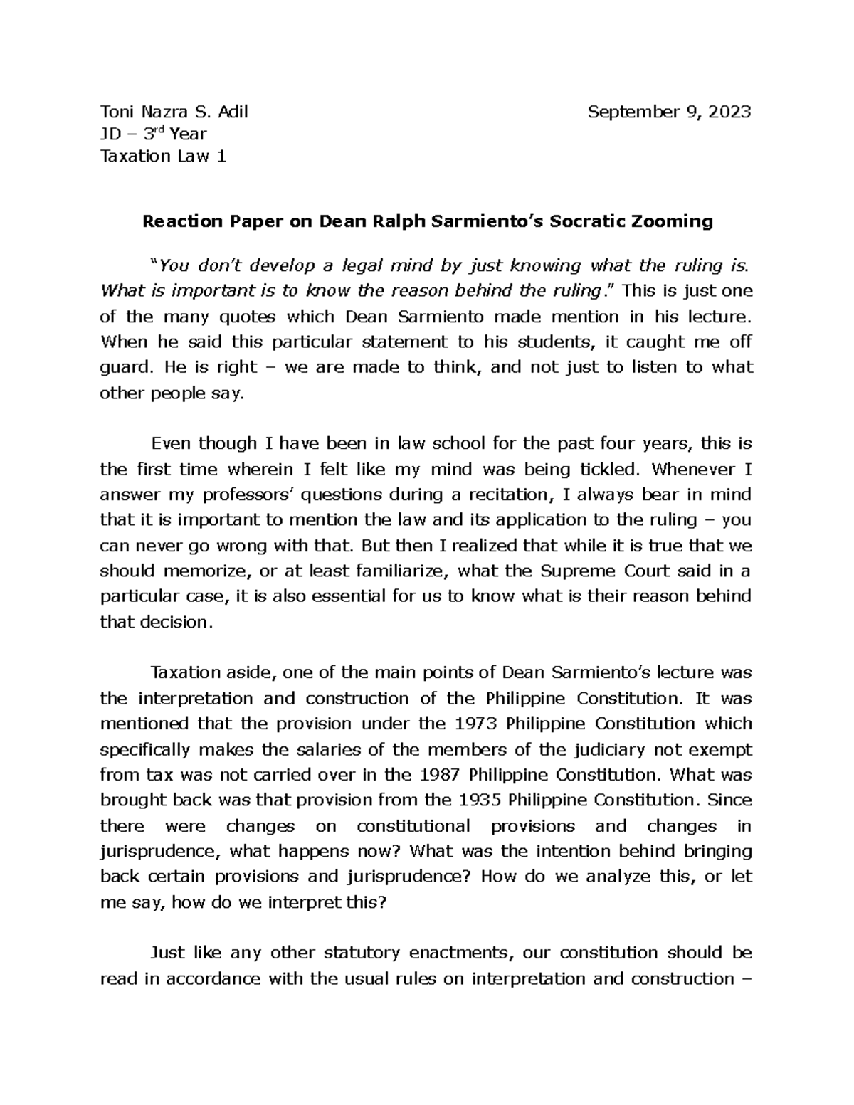 Reaction Paper on Taxation Law Toni Nazra S. Adil September 9, 2023