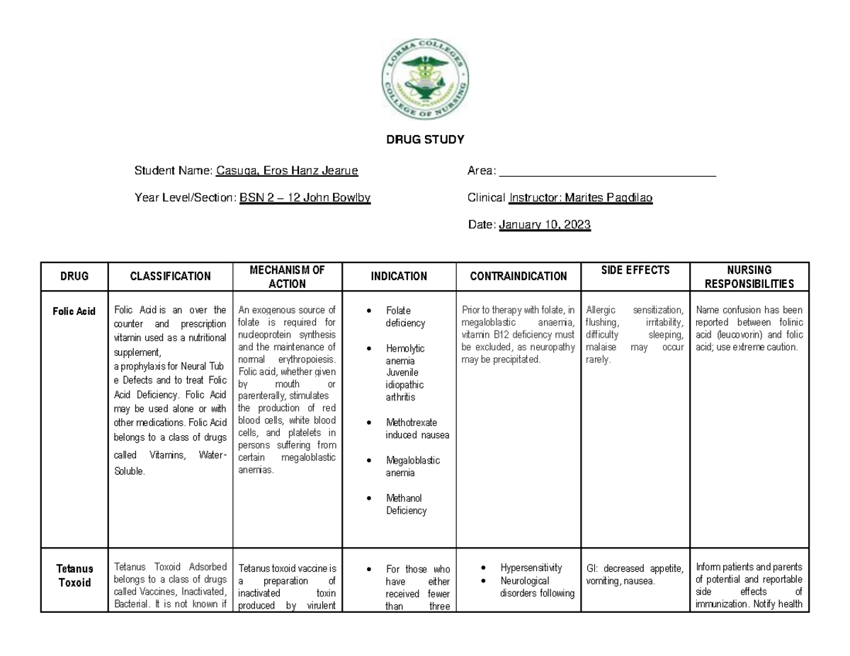 Drugstudy - okkkkkkkkkkkkkkkkk - DRUG STUDY Student Name: Casuga, Eros ...