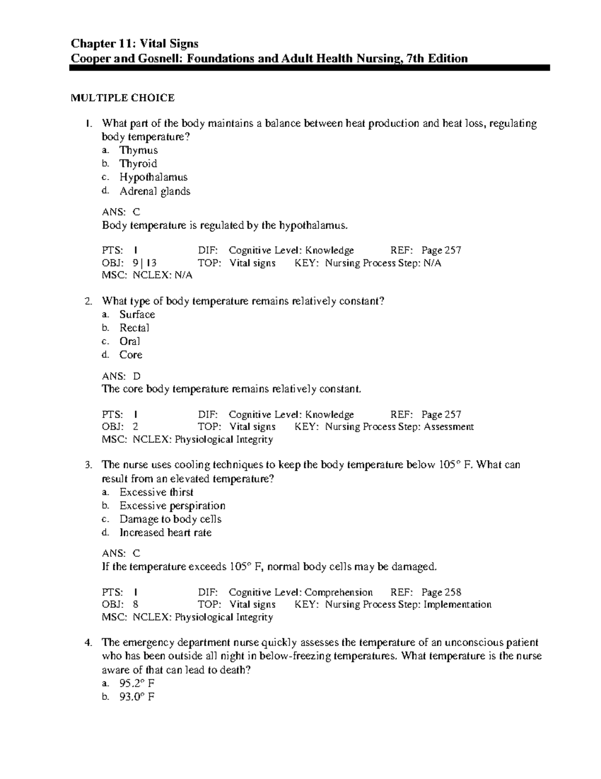 C11 - chapter practice questions - Chapter 11: Vital Signs Cooper and ...