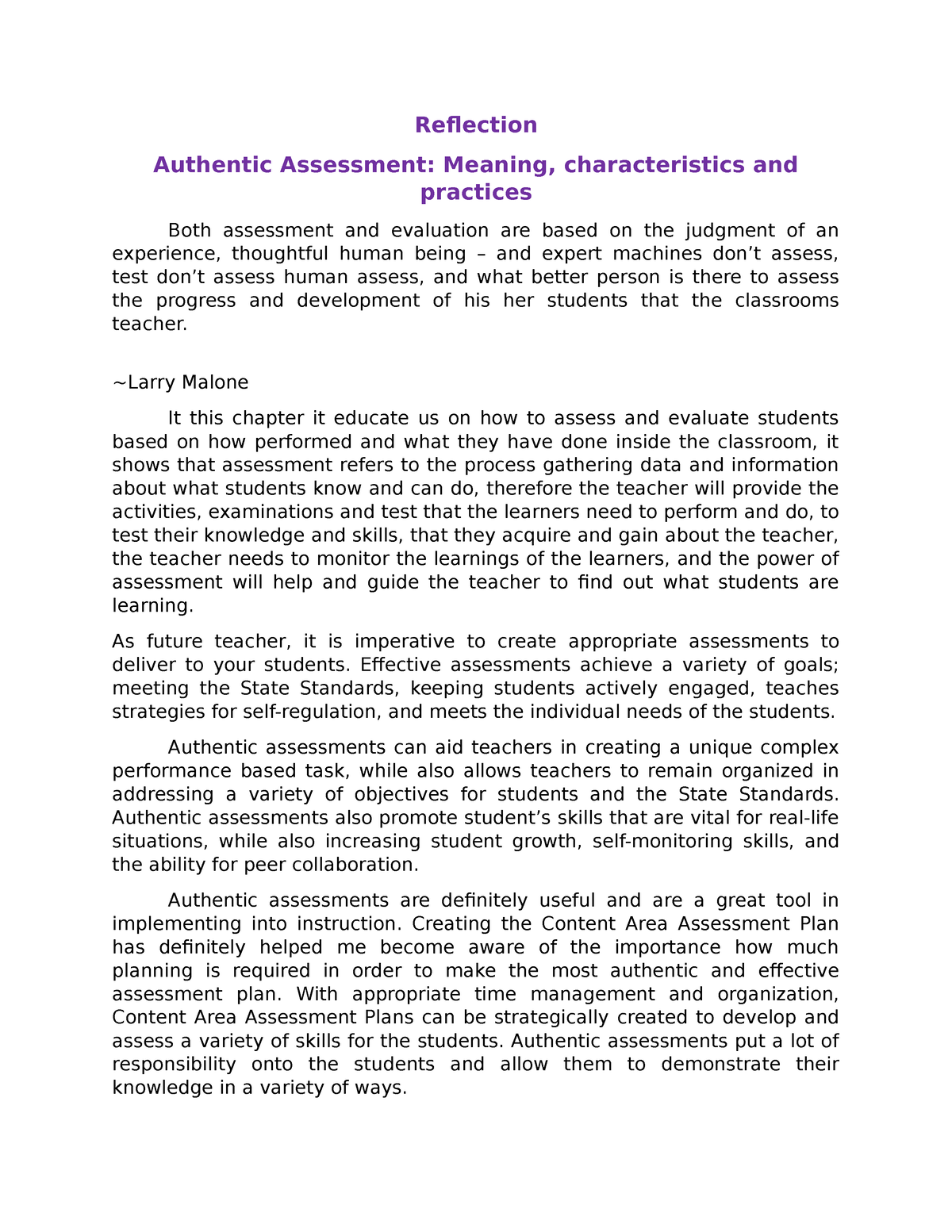 essay about authentic assessment