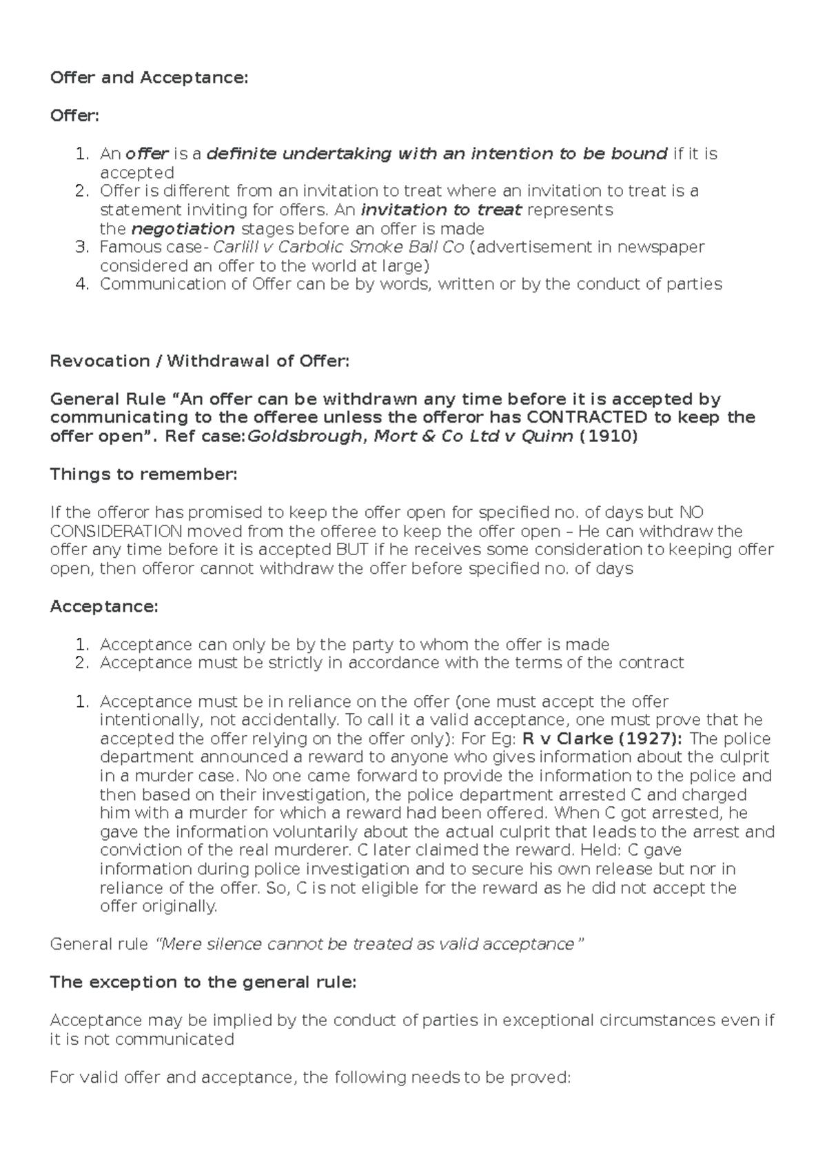 Business law summaries - Offer and Acceptance: Offer: An offer is a ...
