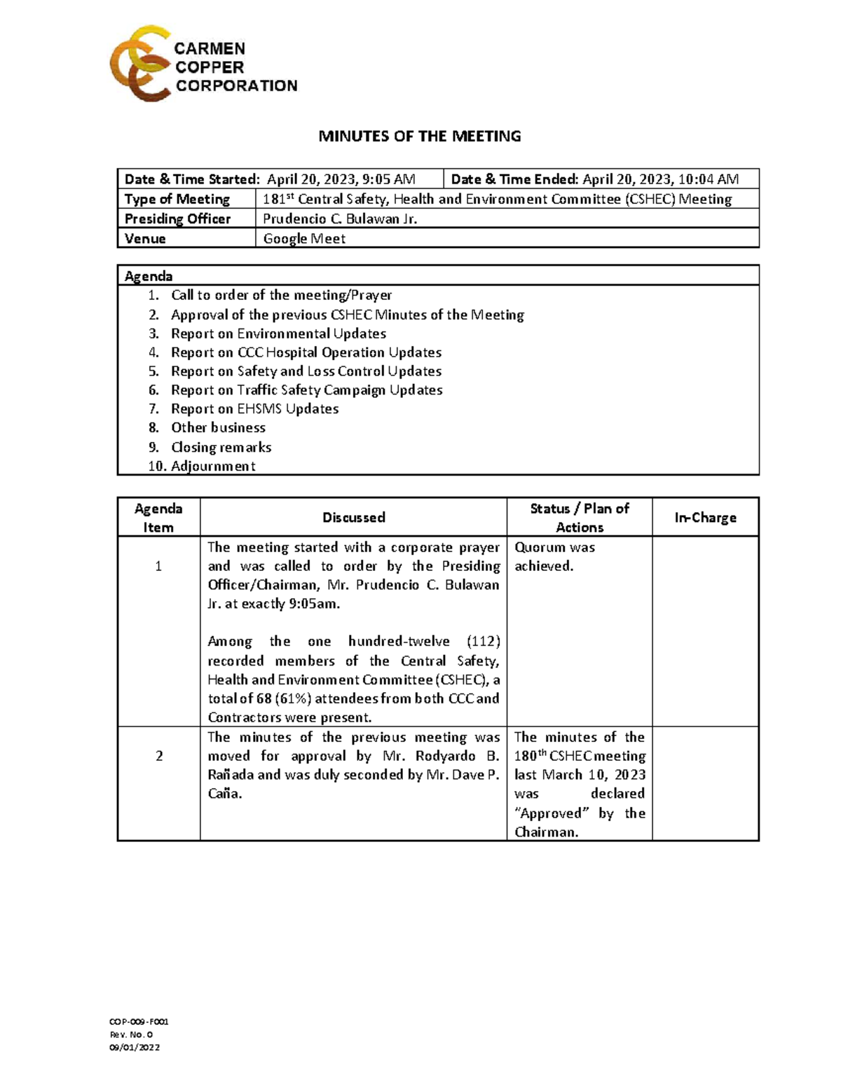 181st Cshecm - Helpful notes - COP- 009 - F Rev. No. 0 MINUTES OF THE ...