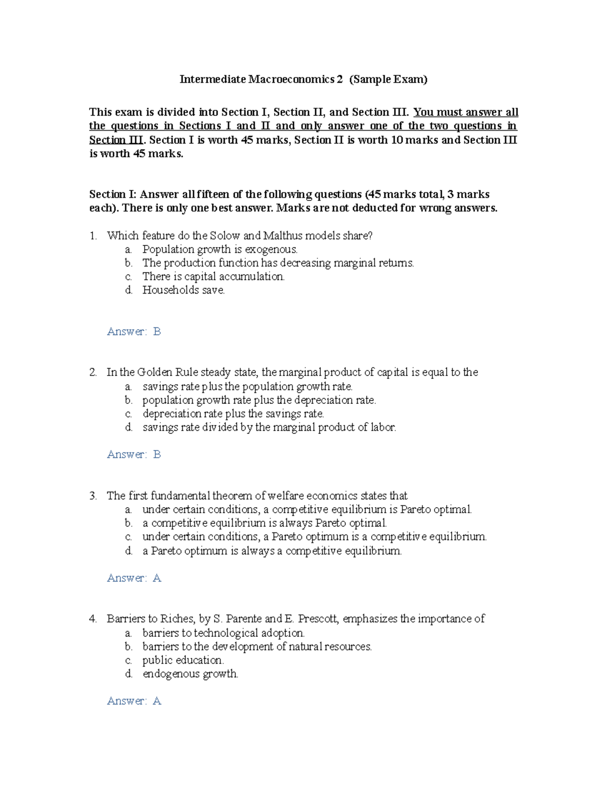 Sample Exam Questions With Solutions - Intermediate Macroeconomics 2 ...