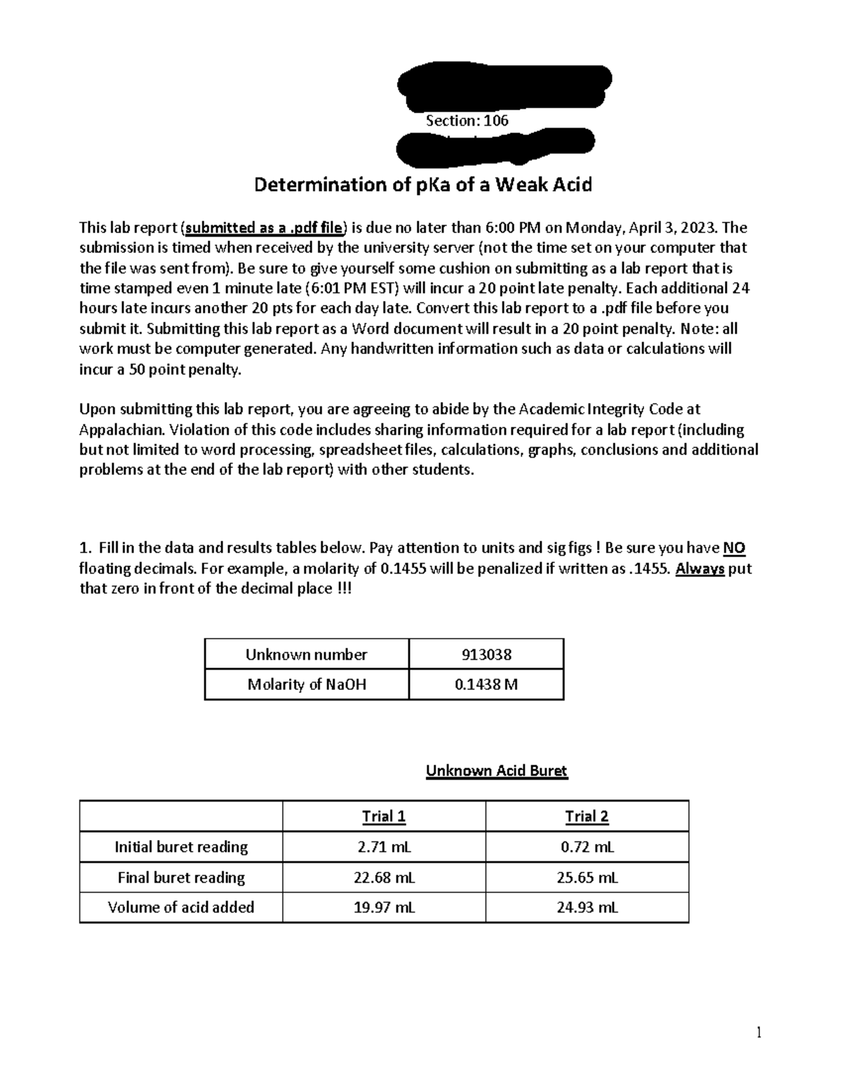 P Ka weak acid lab report Your Name Dylan Wells Partners Names Sara