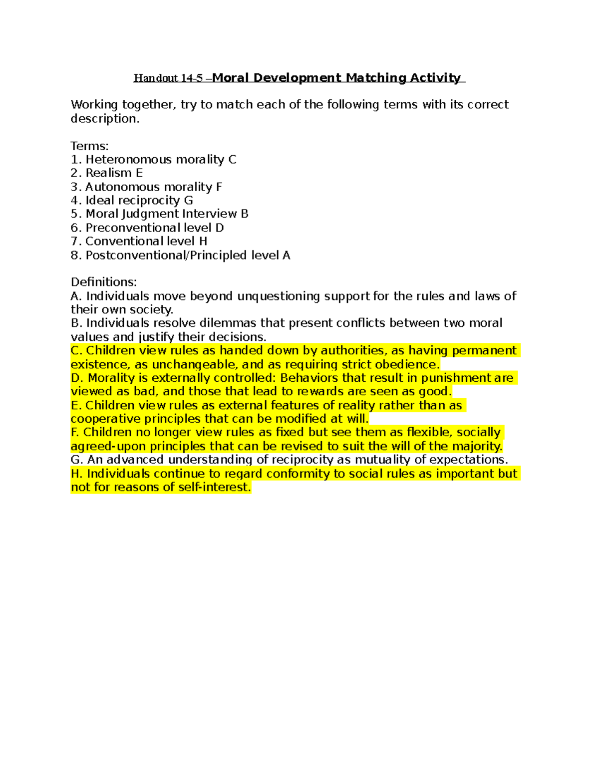 Handout 14-5 answer key - Handout 14-5 –Moral Development Matching ...