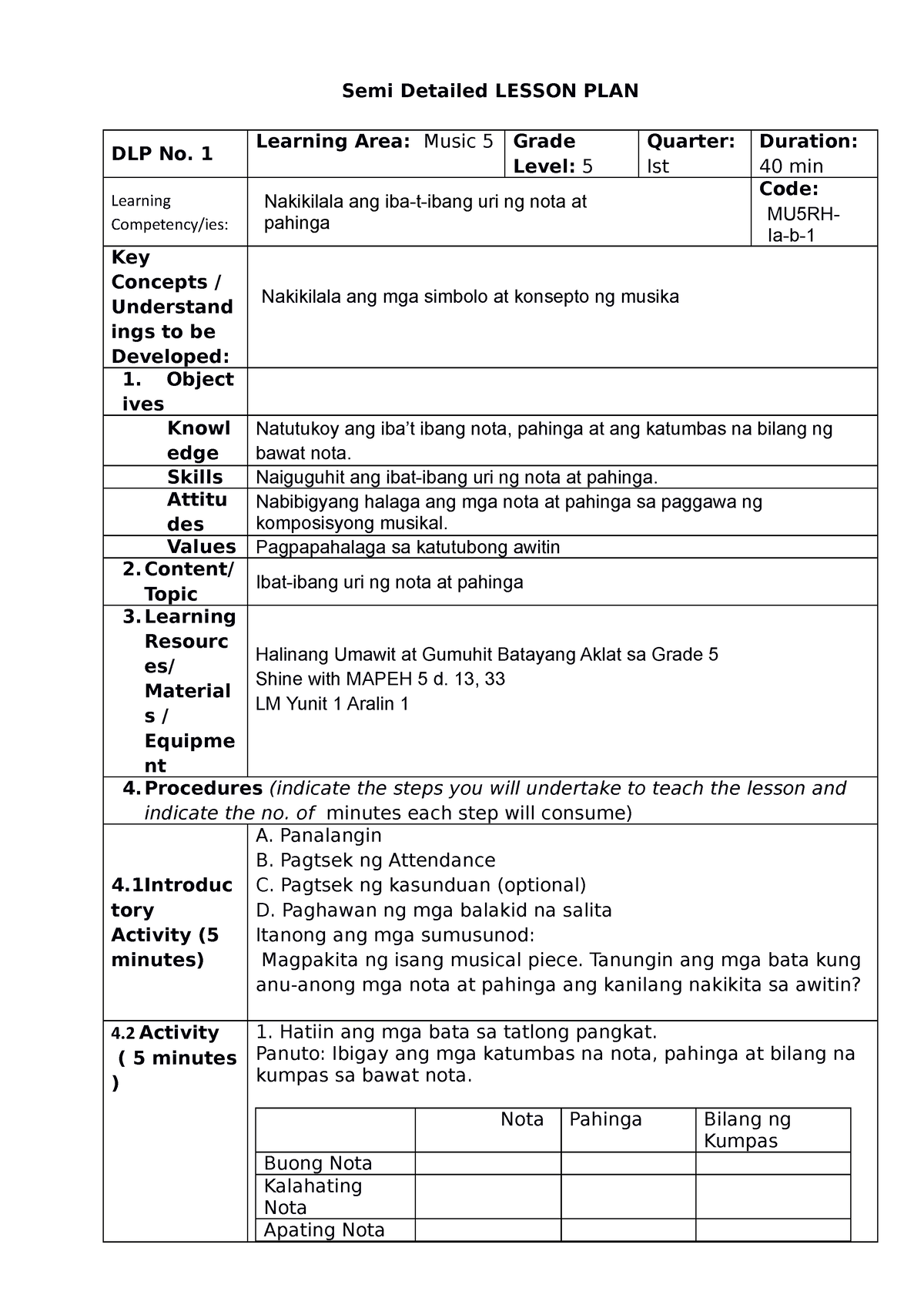 Music 5 Semi-DLP MELC-based Q1 (unedited) - Semi Detailed LESSON PLAN ...