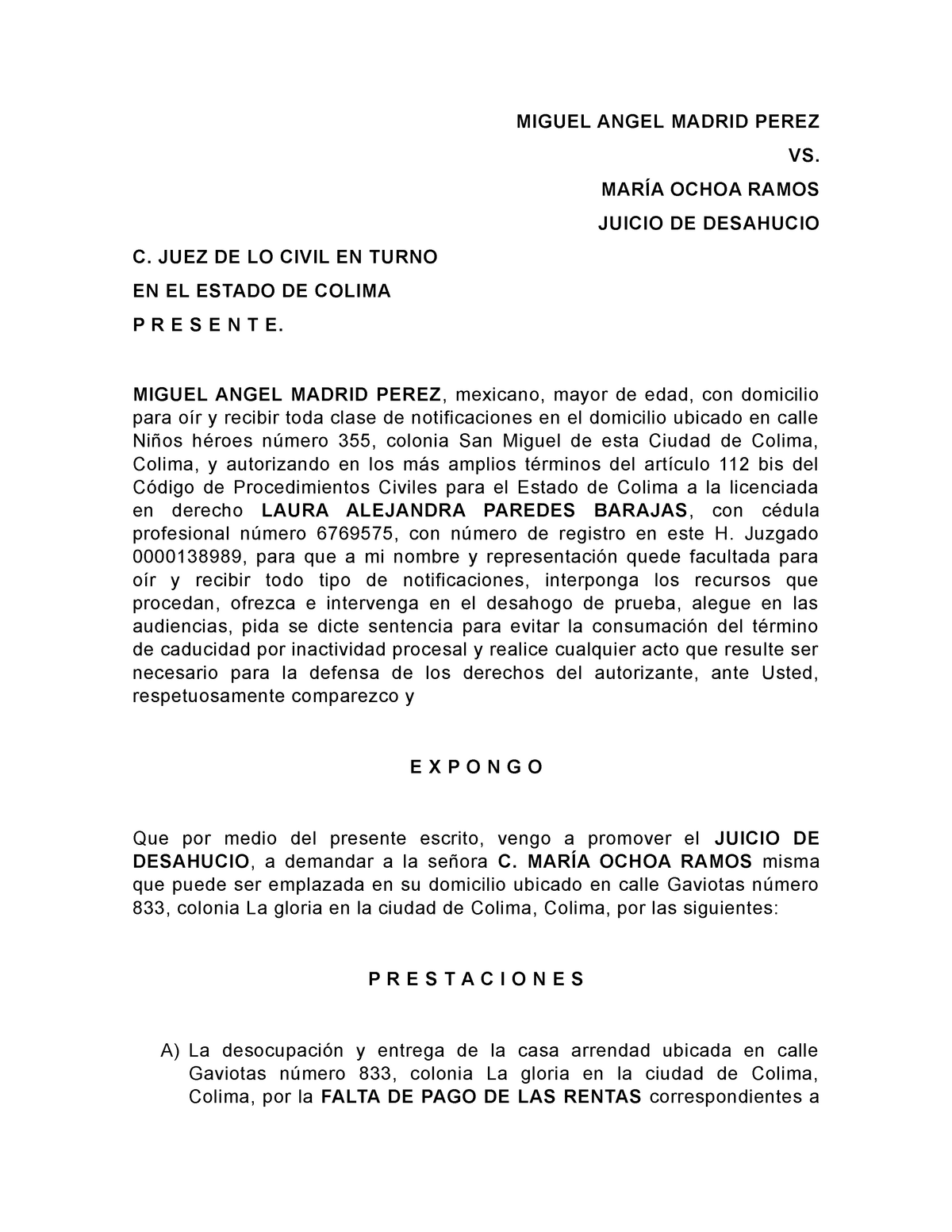 Demanda Juicio DE Desahucio - MIGUEL ANGEL MADRID PEREZ VS. MARÍA OCHOA  RAMOS JUICIO DE DESAHUCIO C. - Studocu