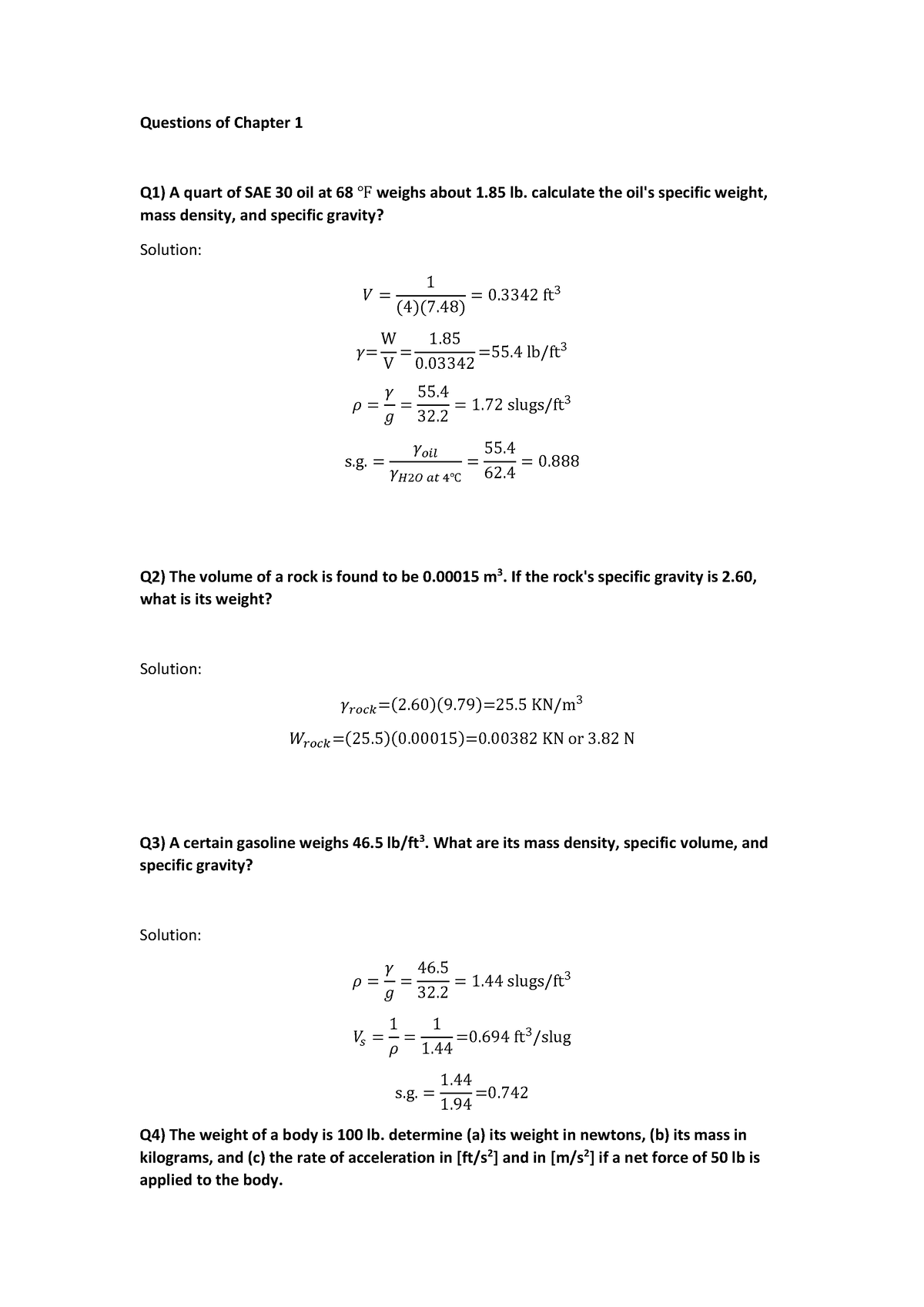 Pdfcoffee - Fgbnj - Questions of Chapter 1 Q1) A quart of SAE 30 oil at ...