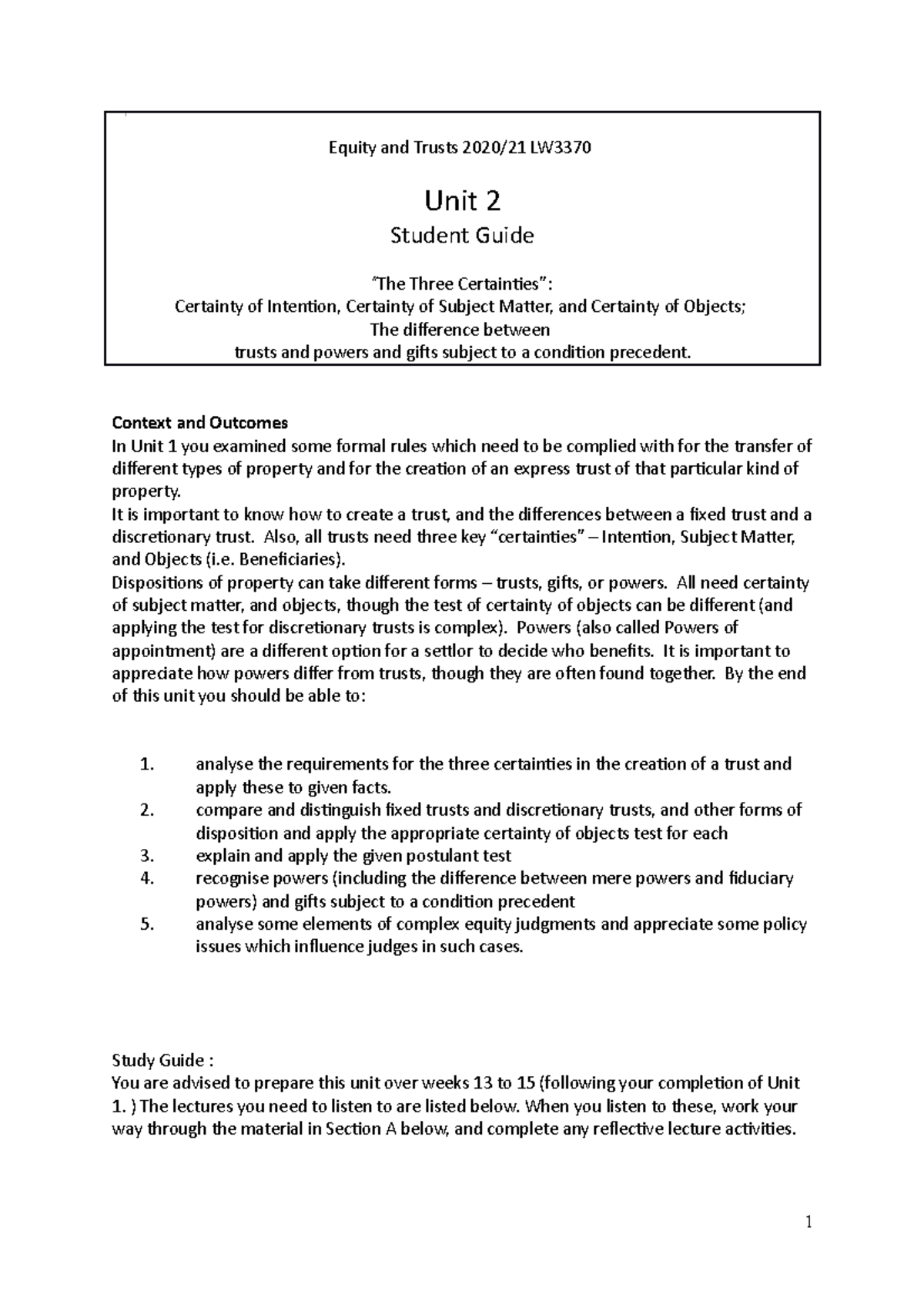 Unit 2 The Three Certainties - Equity and Trusts 2020/21 LW Unit 2 ...