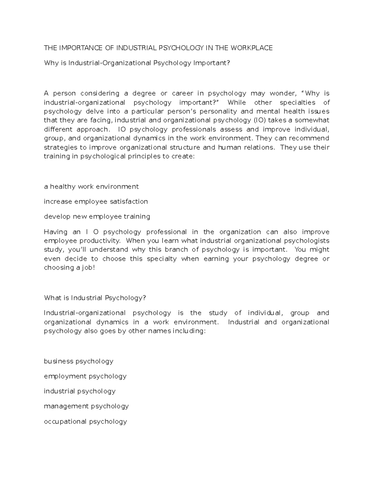 THE Importance OF Industrial Psychology IN THE Workplace THE