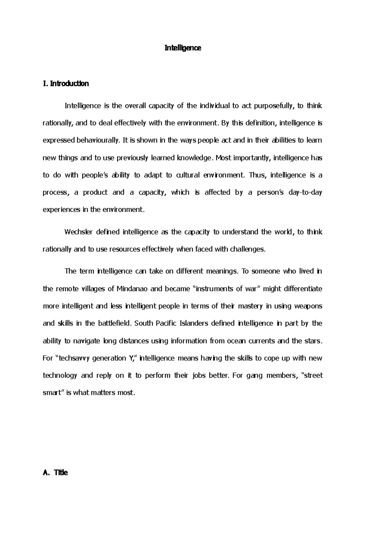 Intelligence - definition and background - Intelligence I. Introduction ...