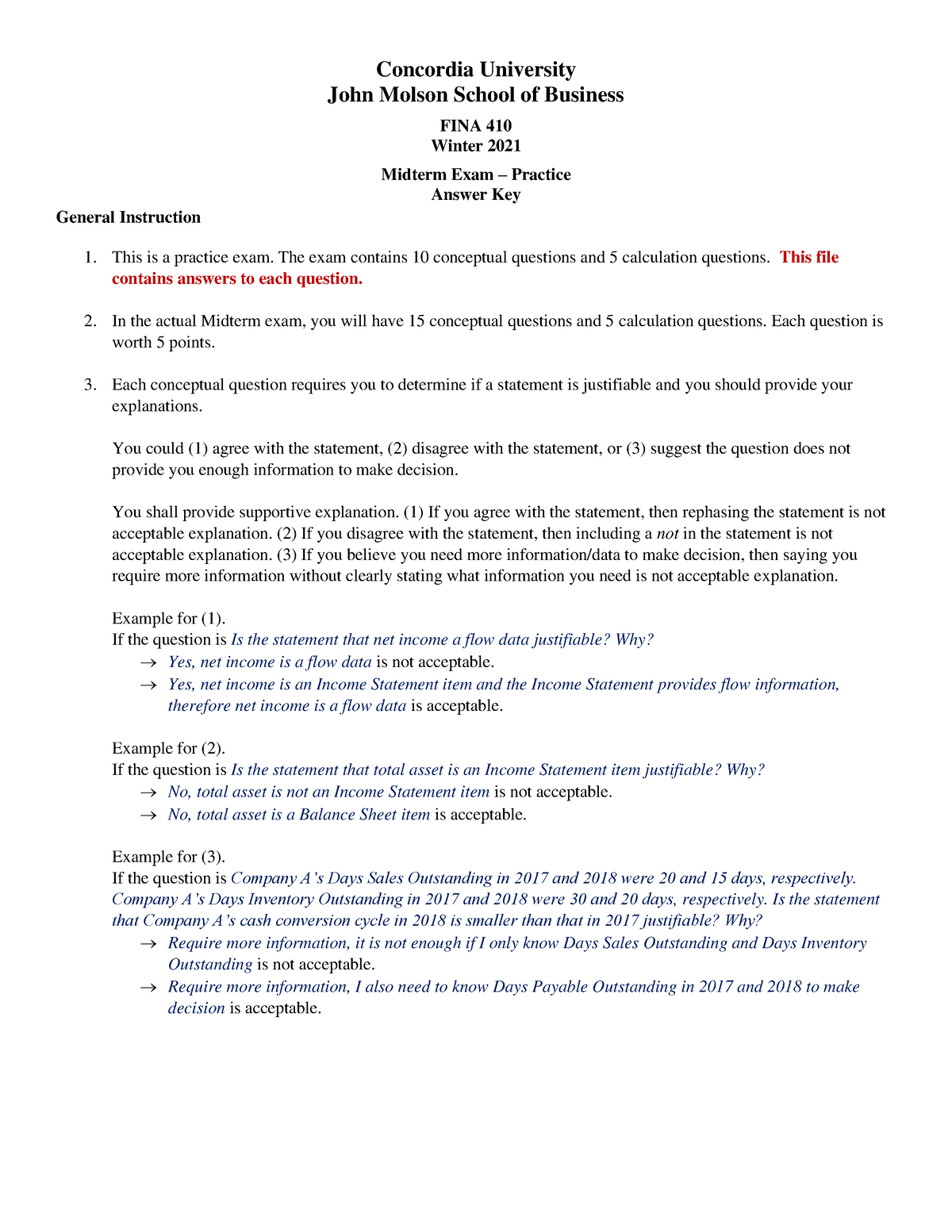 FINA410 Winter 2021 Midterm Practice Key - John Molson School Of ...