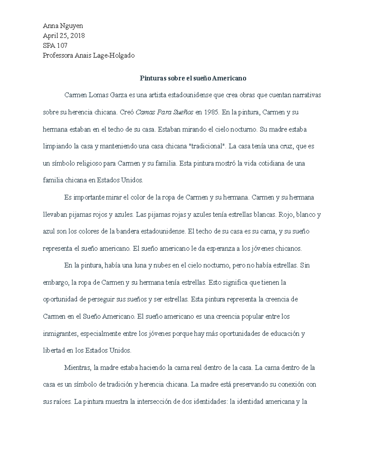 Spanish Composition 3 Short Writing Assignment Anna Nguyen April 25