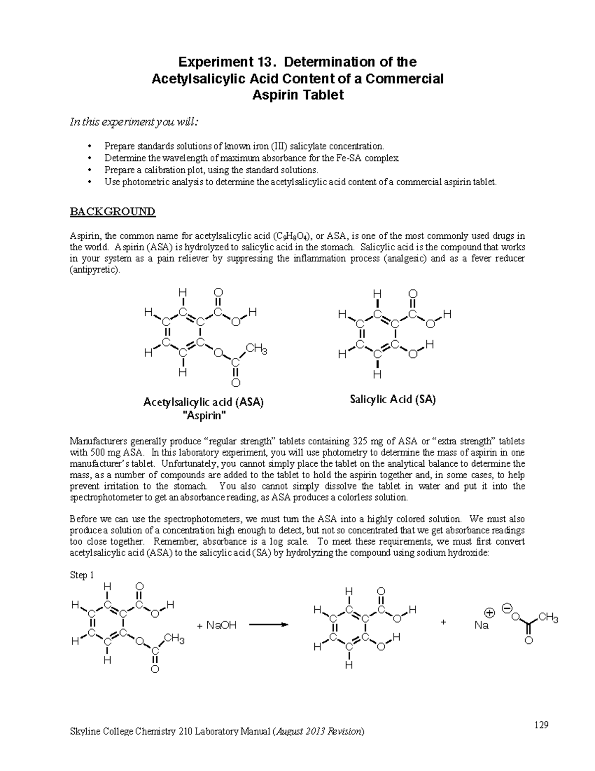 Exp 13 Aspirin lab report 129 Experiment 13. Determination of the
