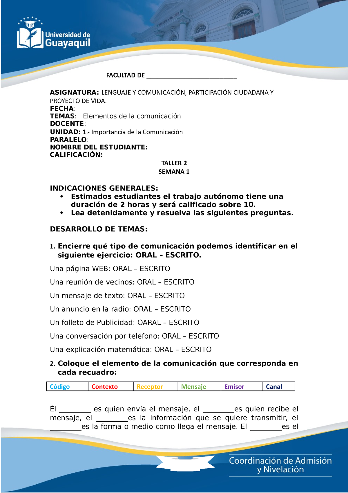 Taller-U1- Clase 2-S1 - Tarea - FACULTAD DE ...