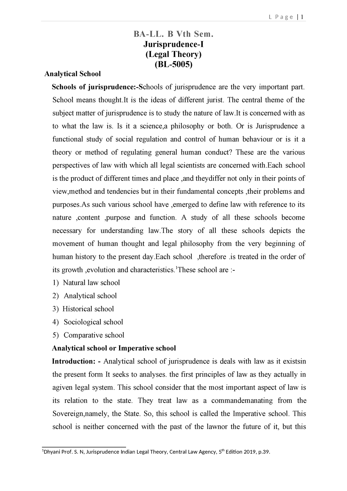 Jurisprudence I (Analytical School) - Analytical School BA-LL. B Vth ...