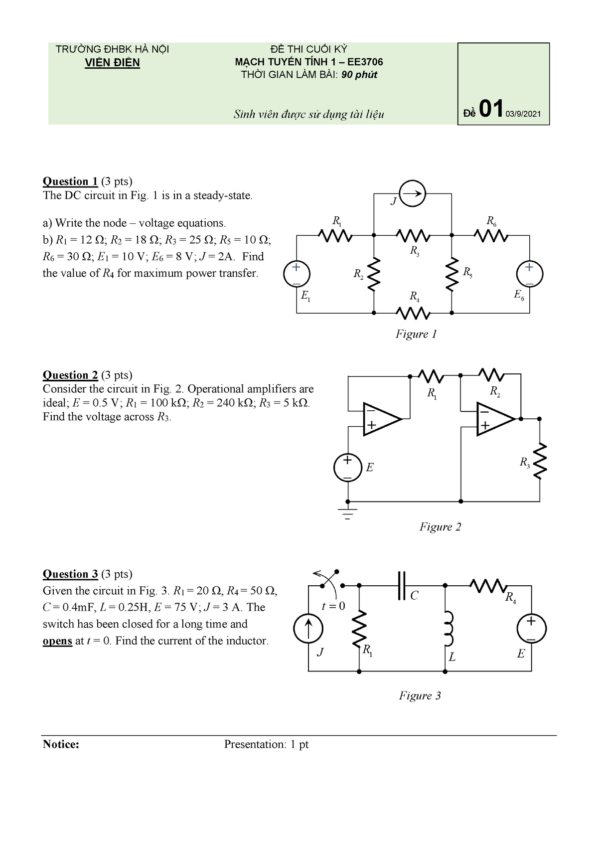 Circuit Theorems I Final Exam (20202) - TRƯỜNG ĐHBK HÀ NỘI VIỆN ĐIỆN ĐỀ ...